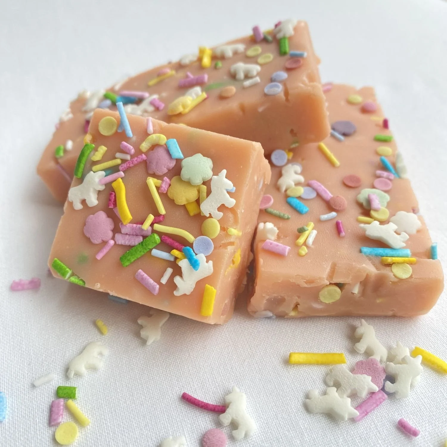 Handmade Sprinkle Berry fudge topped with colourful sprinkles