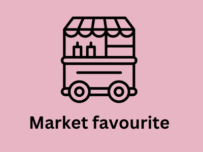 Illustration of a market stall with a striped awning, two candles on top, and wheels, with the text 'Market favourite' underneath.