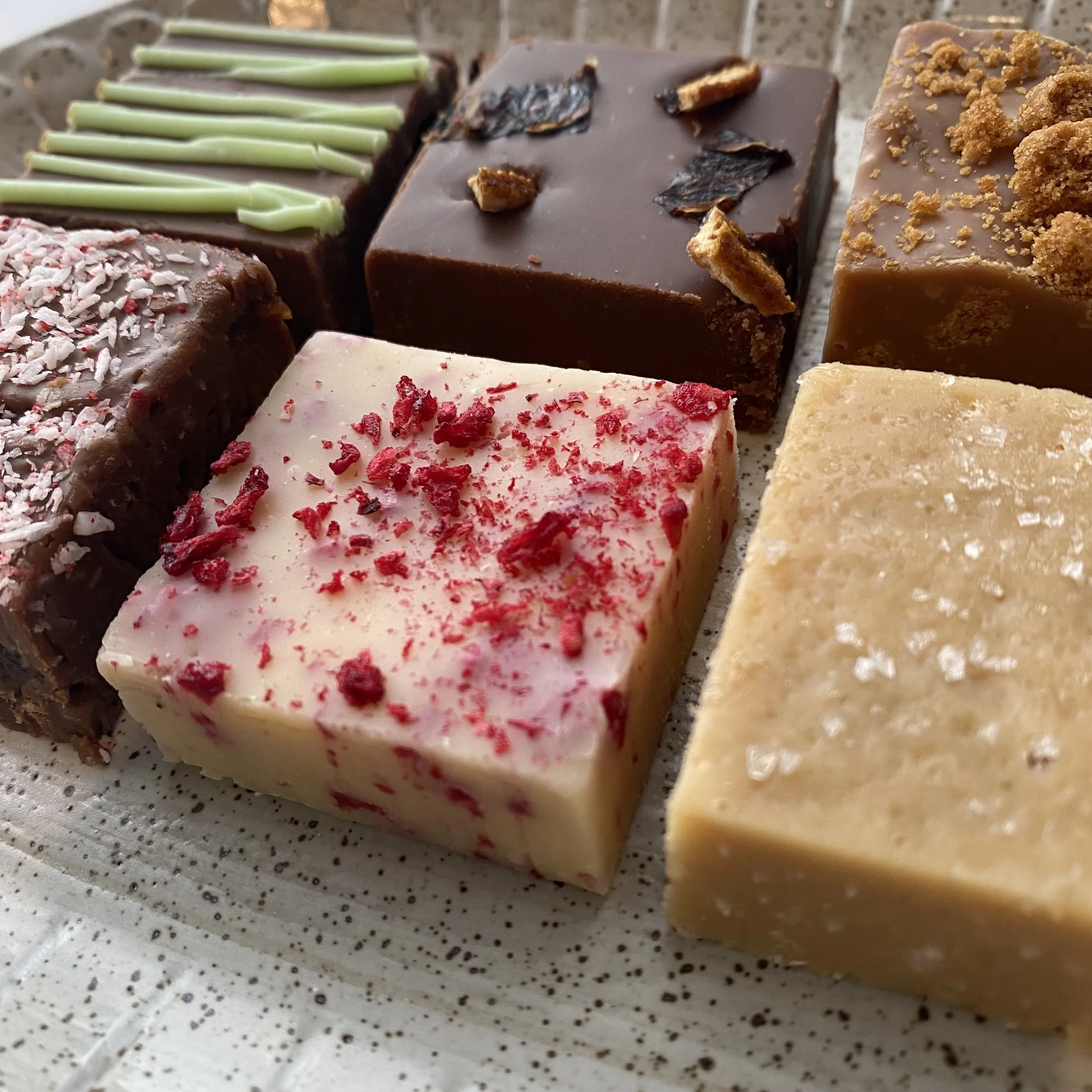 Selection of handmade Budgie Bakes fudge flavours made with real ingredients and no artificial preservatives.