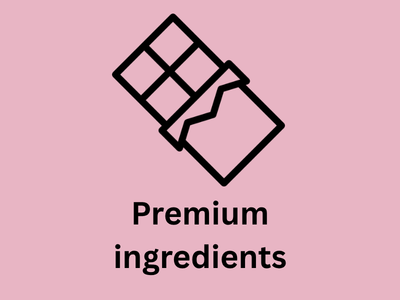 Icon of chocolate bar with premium ingredients text, pink background.