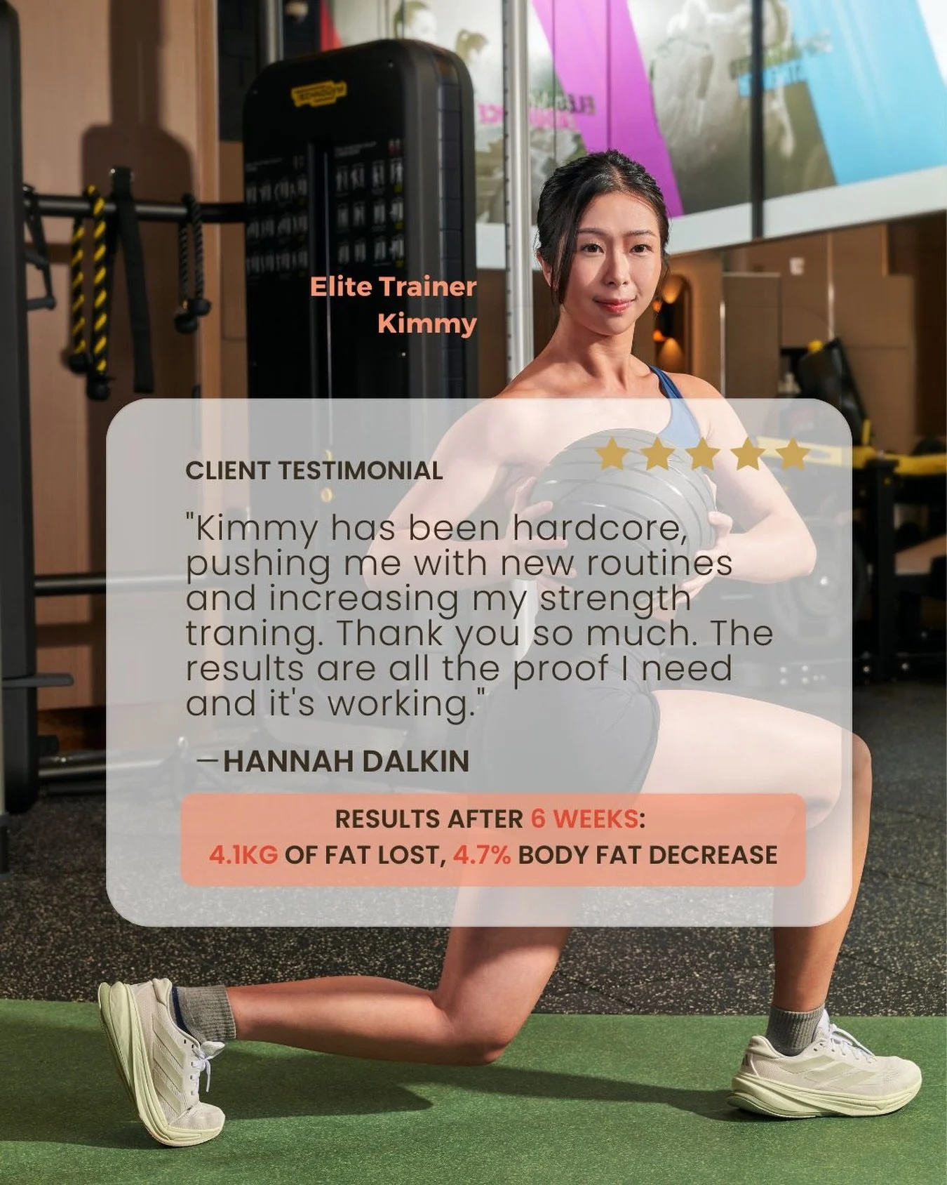 ⭐️ Real Results with Trainer Kimmy: Hannah&rsquo;s Transformation 
⭐️ 見證真實改變：學員Hannah的蛻變之旅

6 weeks. Proven results. Unstoppable progress.

Hannah&rsquo;s dedication combined with Kimmy&rsquo;s expert guidance delivered impressive results:
* 4.1kg fa