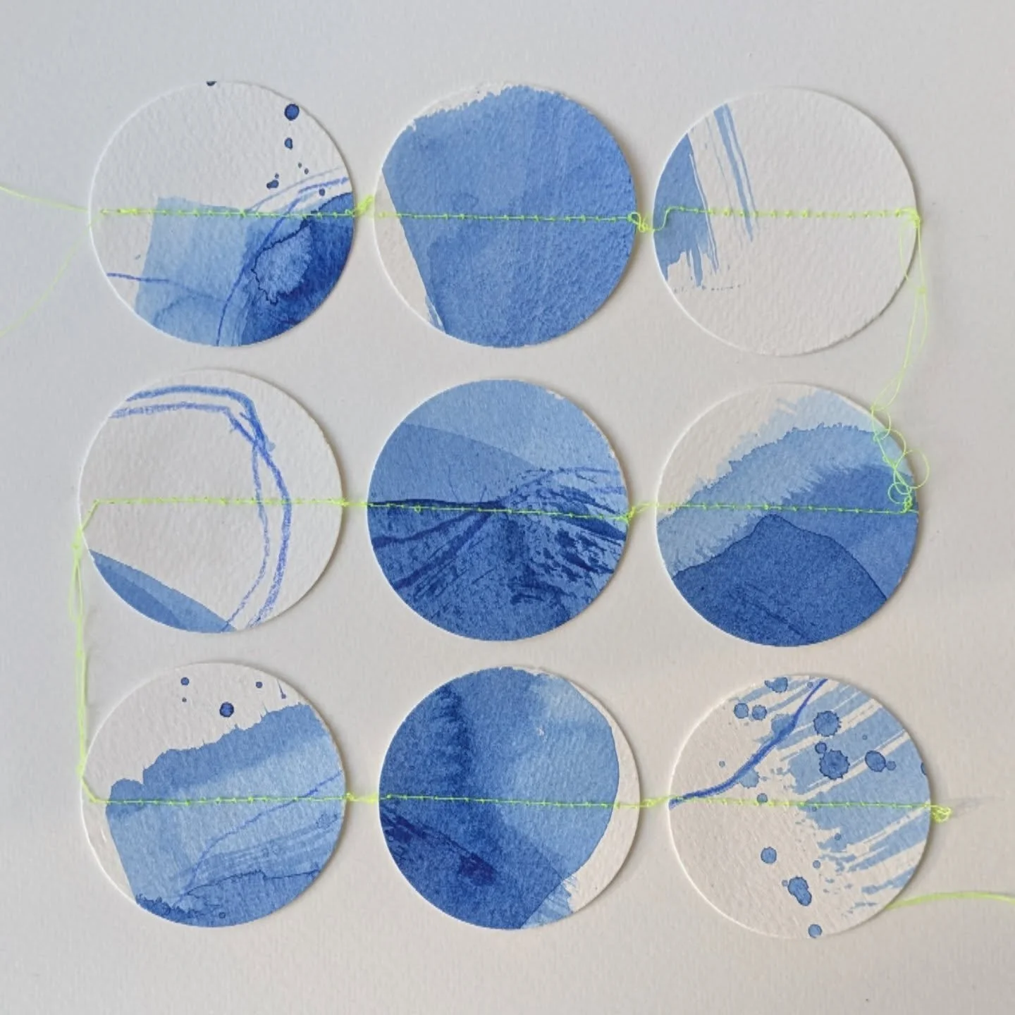Day 7 ~ I'm making bad art every day and things are beginning to look interesting. I like where it's going... 
.
.
.
#clairecainart #abstractart #circles #watercolour #neonyellow #thread #oceanlovers #ocean #weareallconnected #neonthread #playmatters