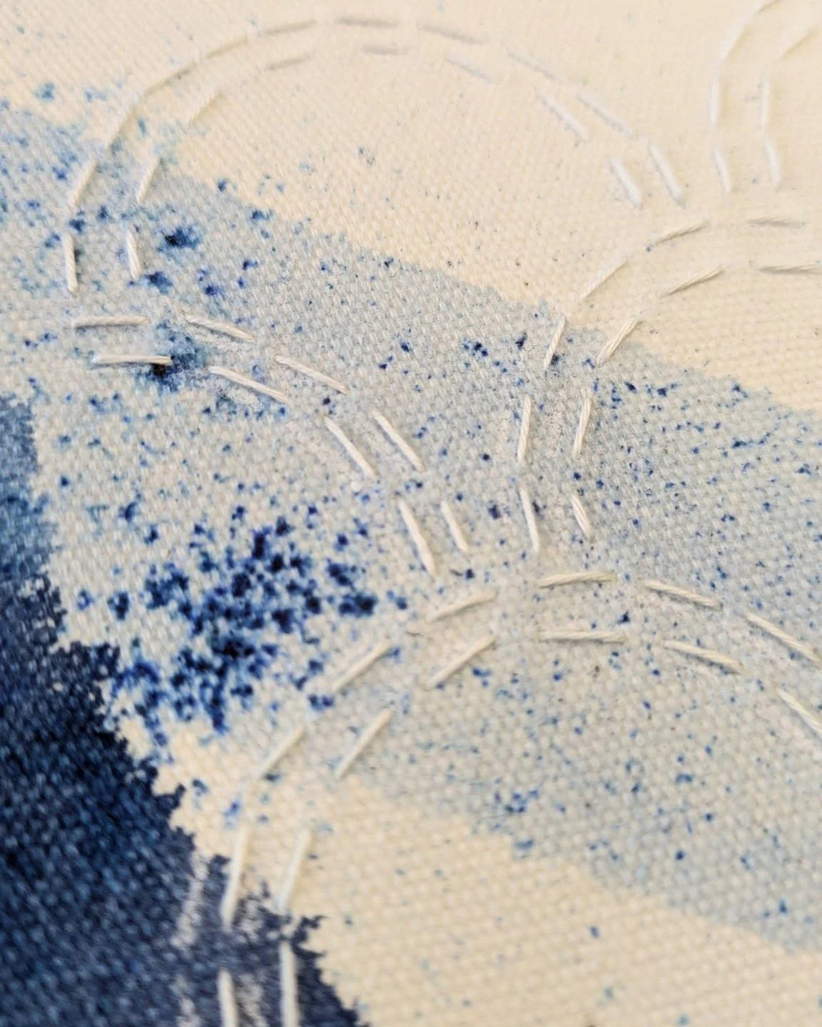A close up of the intricate design on this beautiful raw canvas.
.
.
.
#rawcanvaspainting #abstractartistsofinstagram #oceanlovers  #blueart #embroiderydesign #oceanvibes #abstractart #marksandsplatters #artinhome #embroideryart #textileart #minimals