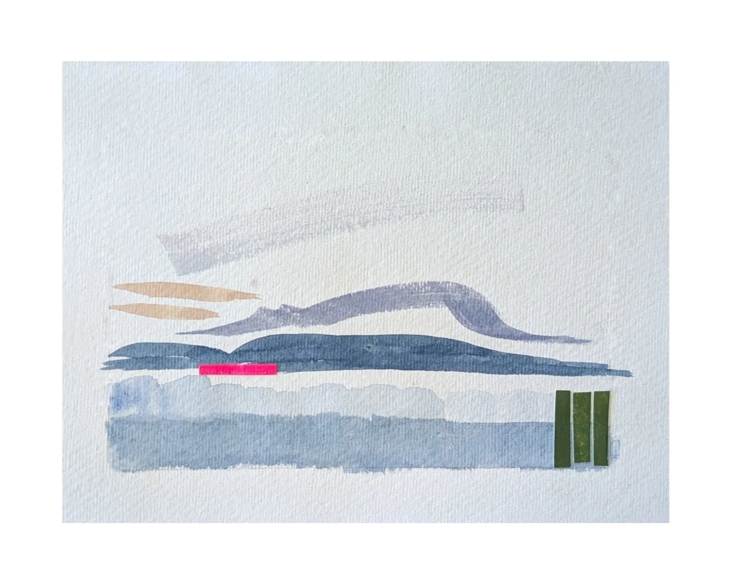 This is inspired by that evening ride to the beach house. The warm hues of sunset disappearing behind Mount Wellington, city lights glowing brightly and multiple shades of blue representing the shallow foreshore. 

Colour study #4
Paper and watercolo