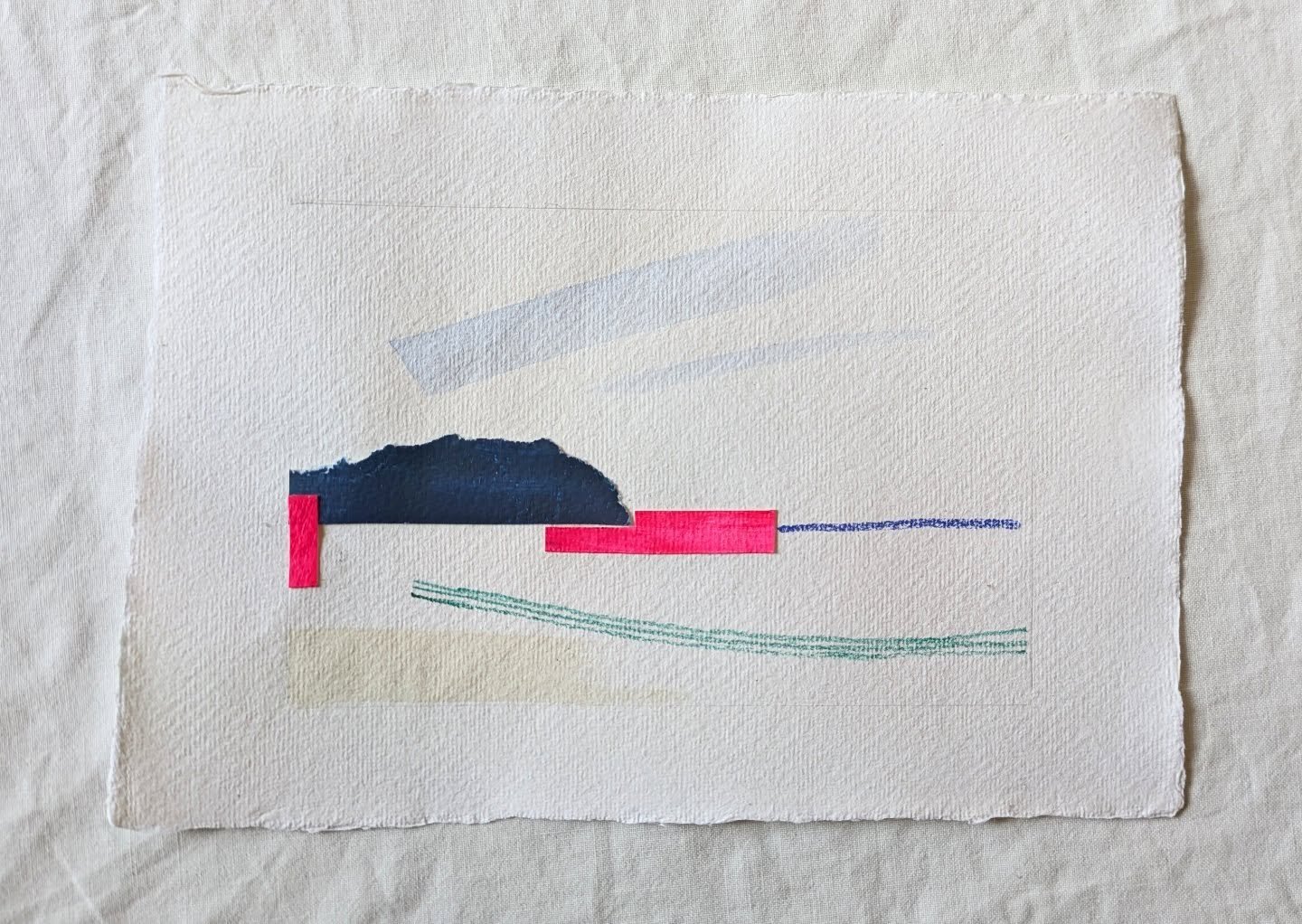 Experimenting with different lines and colours here. 

Bay of Fires
Watercolour and collage on khadi paper
14.8cm X 10.5cm
$150

#collage #bayoffires #paperseascapes #khadipaper #neonpink