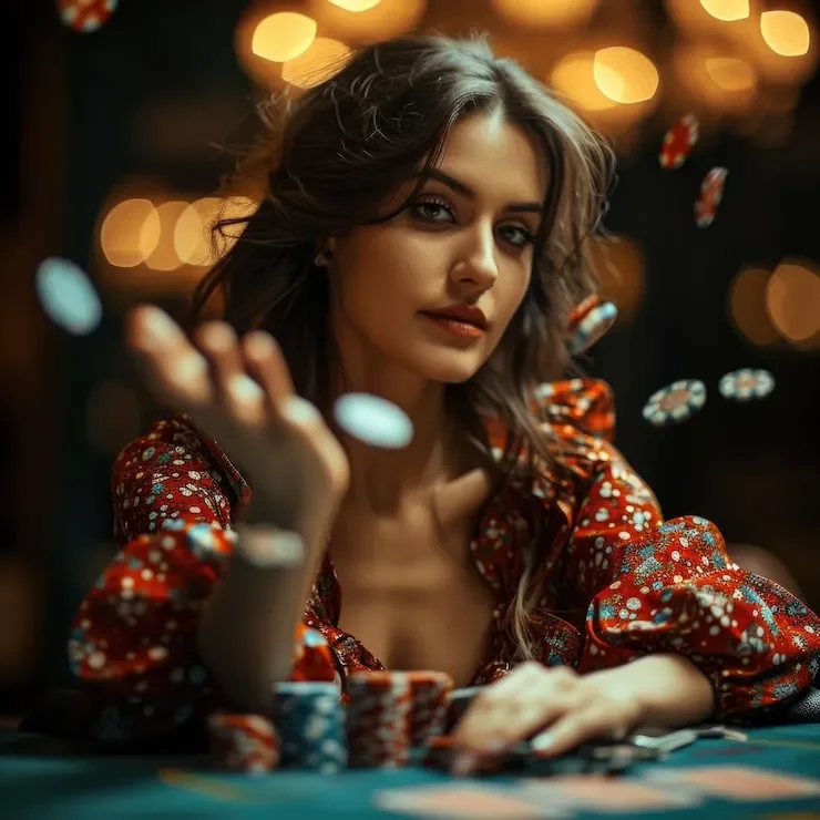 Young woman in a red dress at a casino table, surrounded by poker chips, with blurred lights in the background.