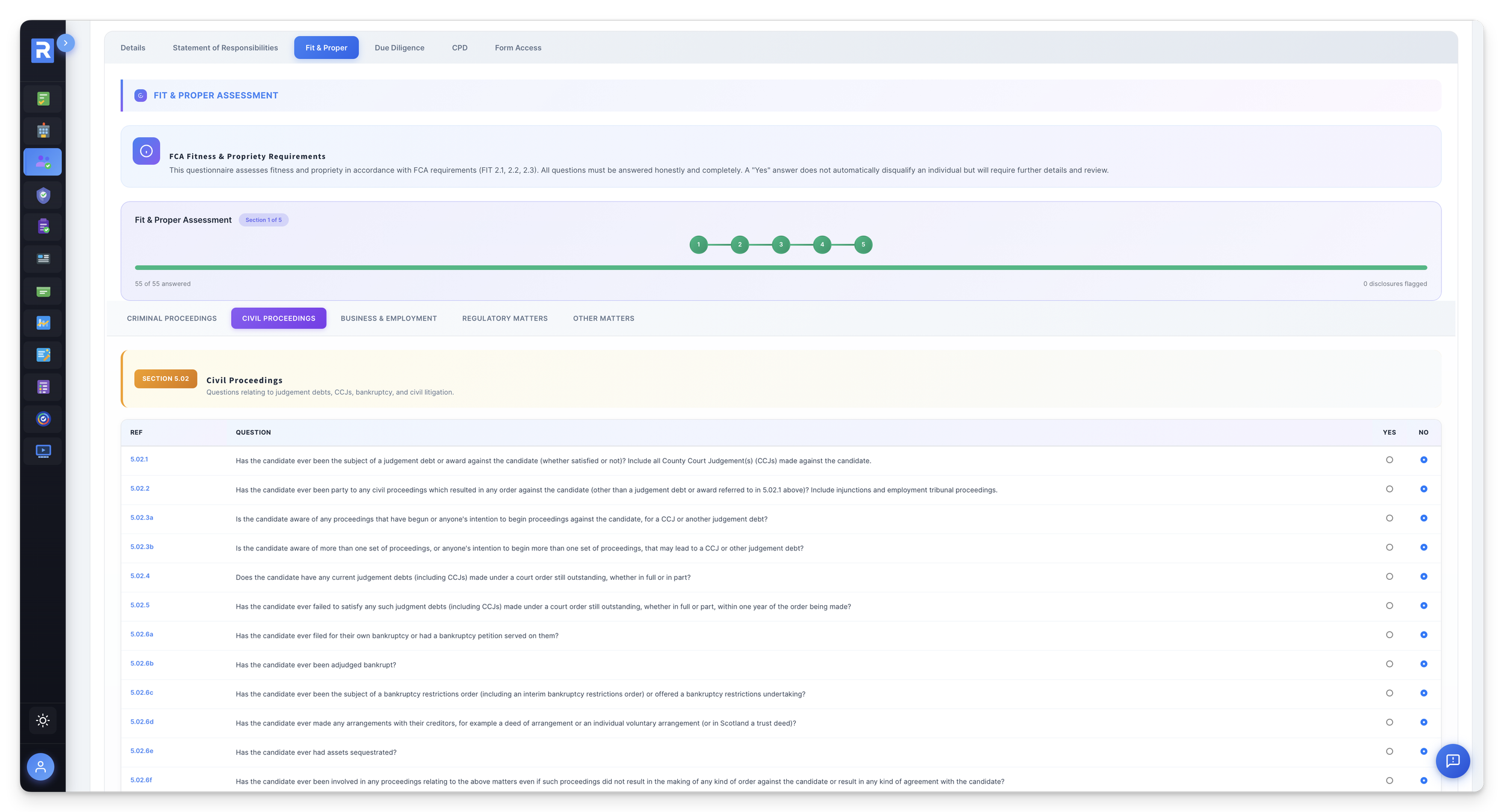 Fit and Proper assessment in the People Compliance module