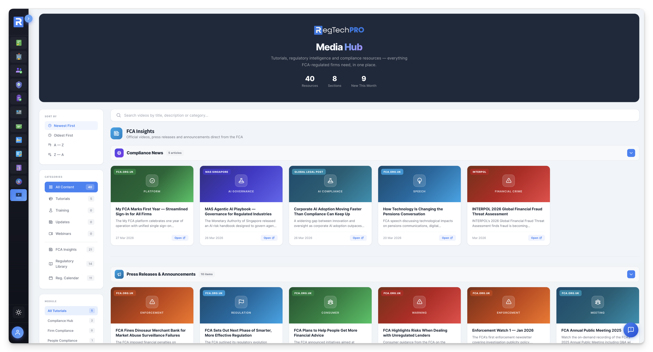 Media Hub landing page — 40 curated resources across 8 sections, 9 new this month