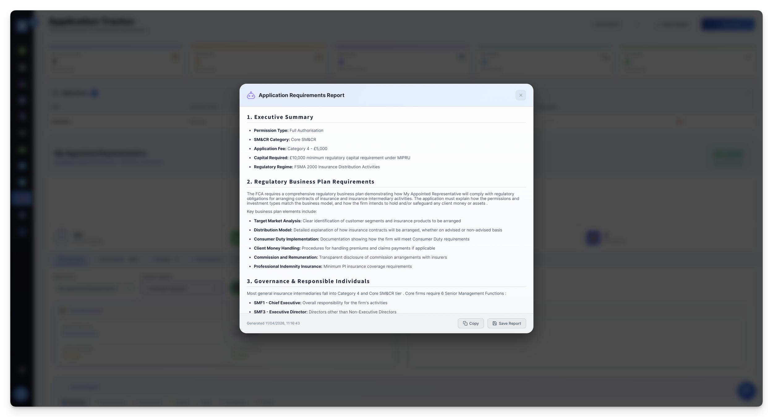 Anna AI Application Requirements Report. 8 sections, RAO Articles, SM&CR, verbatim FCA citations