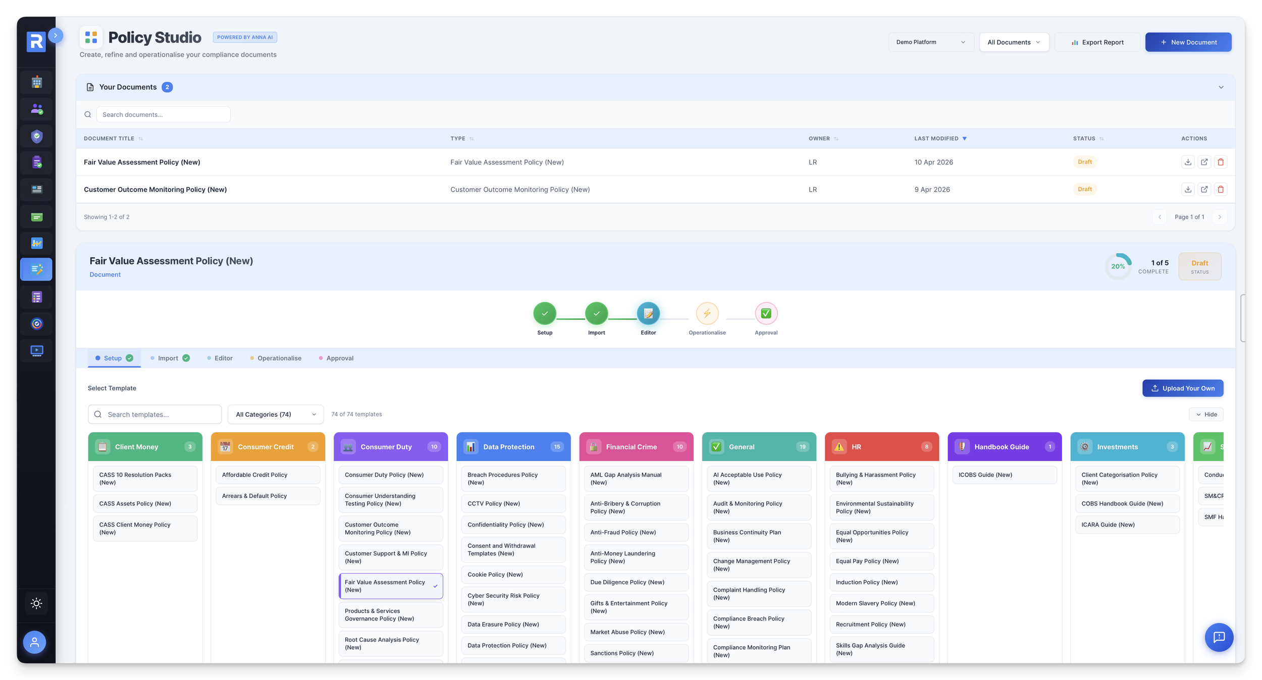 Policy Studio Template Suite — 74 FCA-grade templates across 10 categories, extensible via Upload Your Own