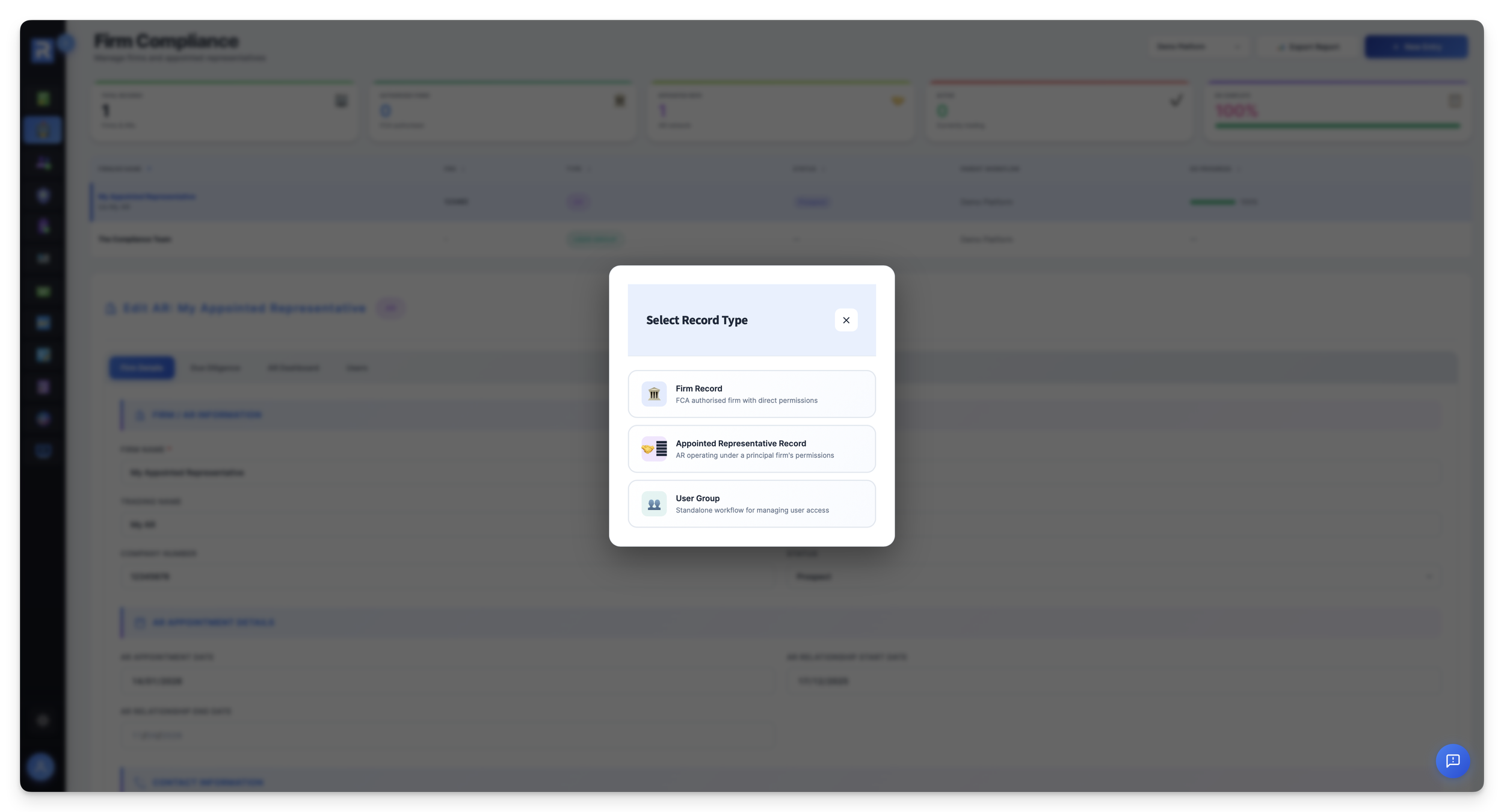 Firm and AR register: multi-tenant records with FRN, type, status, parent workflow and DD progress