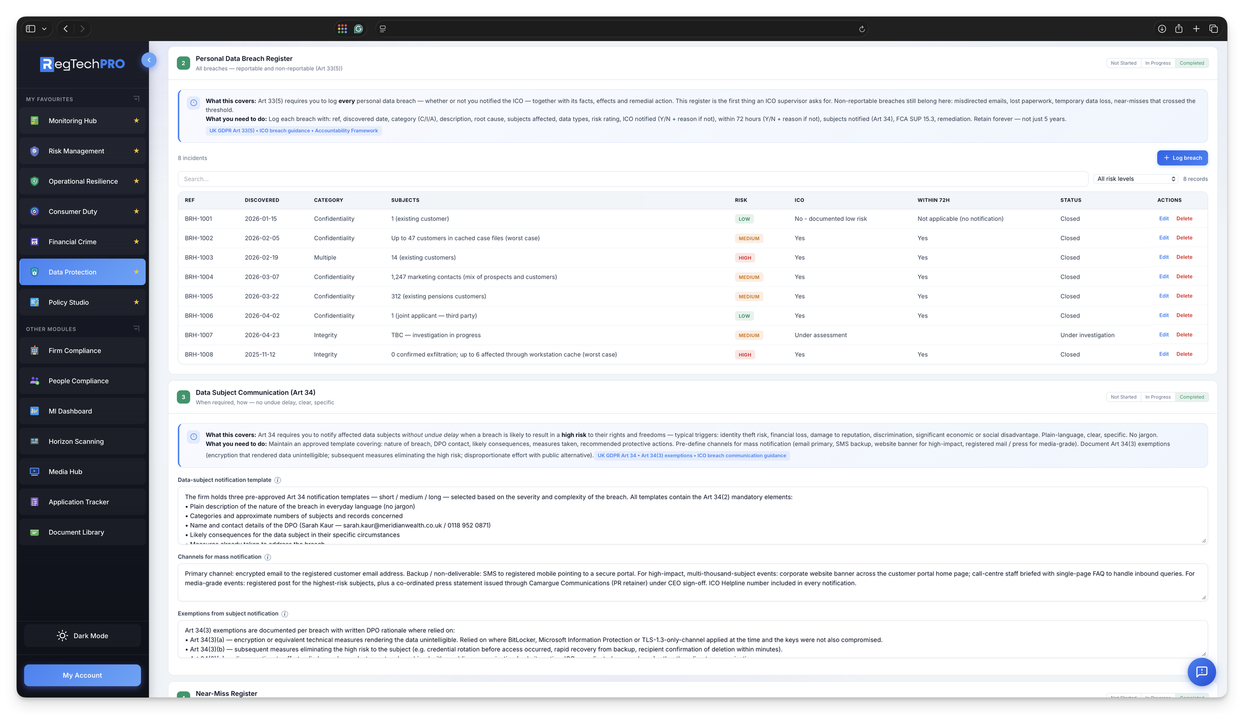 Personal data breach record: 72-hour ICO notification workflow, Art 34 subject communication, risk assessment