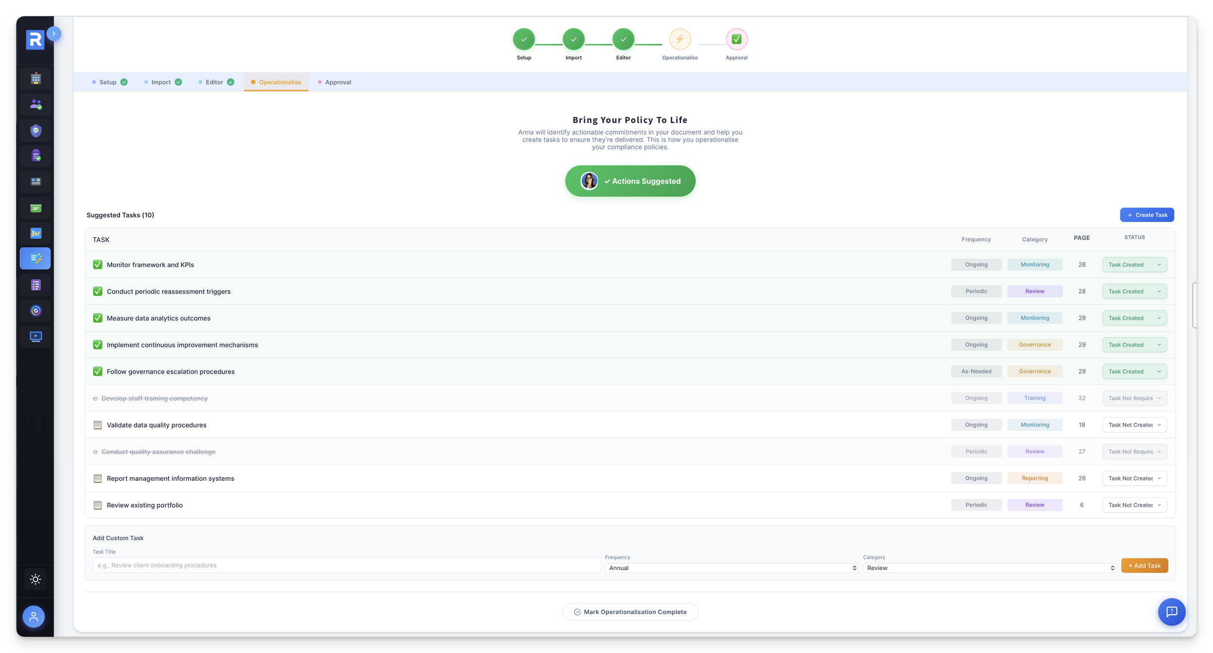Policy Operationalisation — Anna-extracted tasks with page references, frequency, category and status