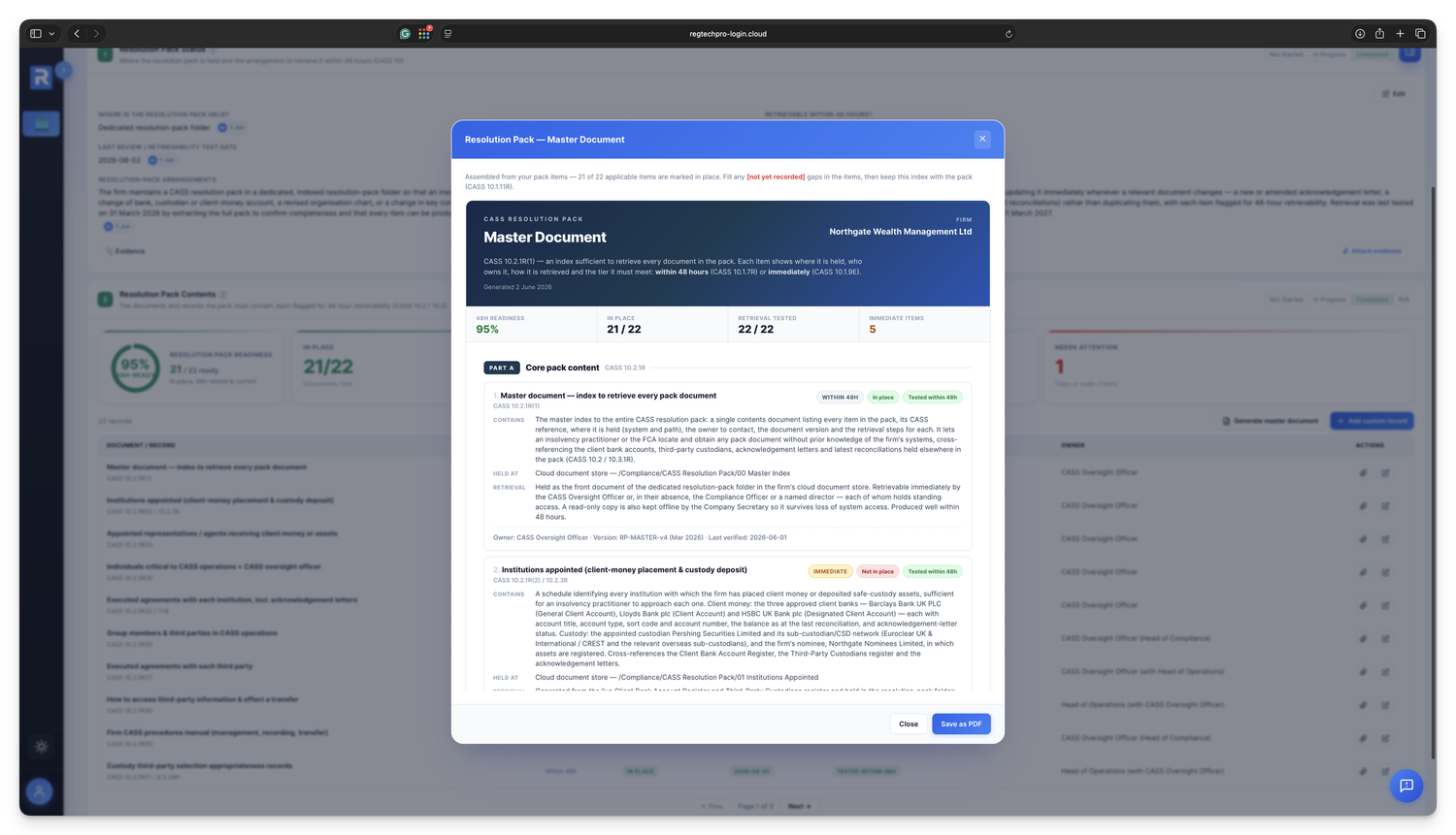 CASS 10 resolution pack &mdash; every required document and record flagged for 48-hour or immediate retrieval, with a readiness gauge and a one-click master document