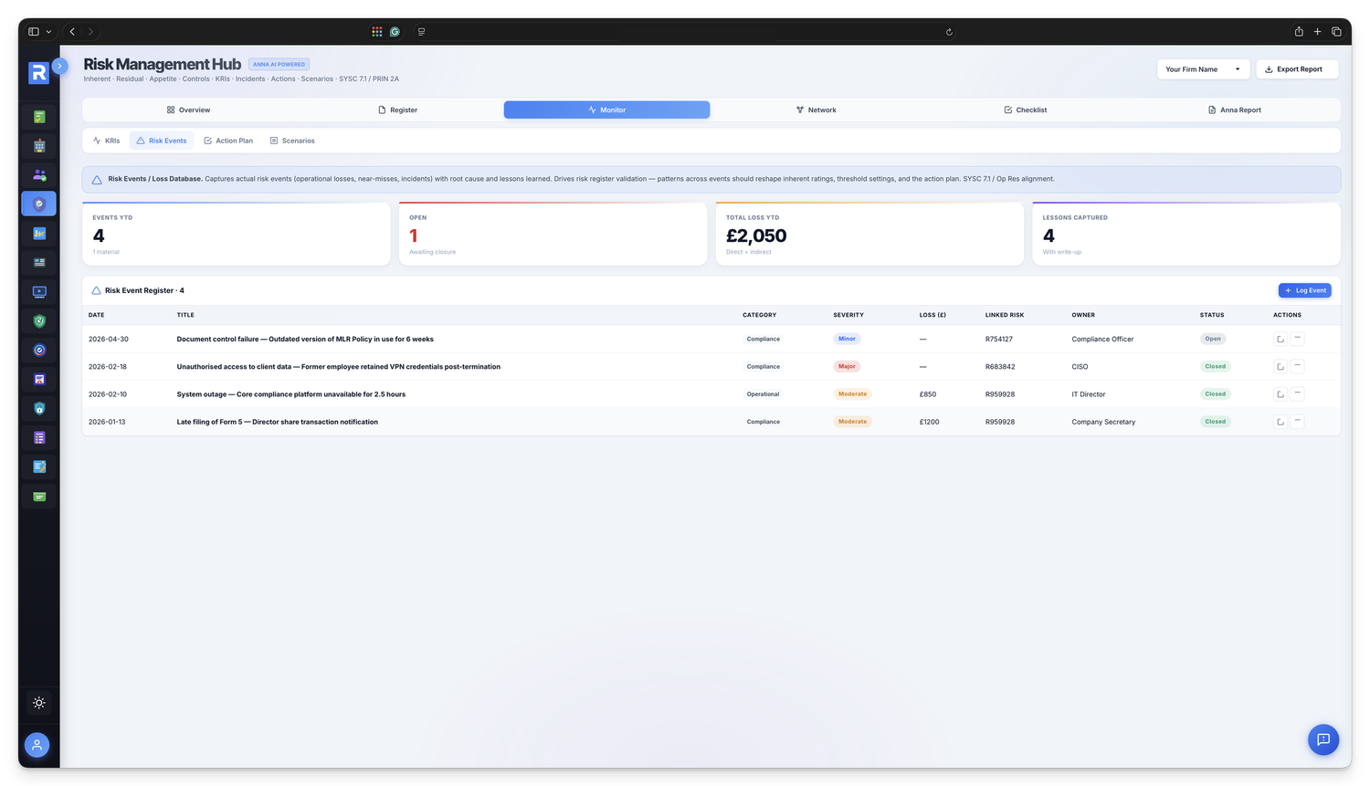 Risk Events log &mdash; near-misses, loss events, breaches and control failures