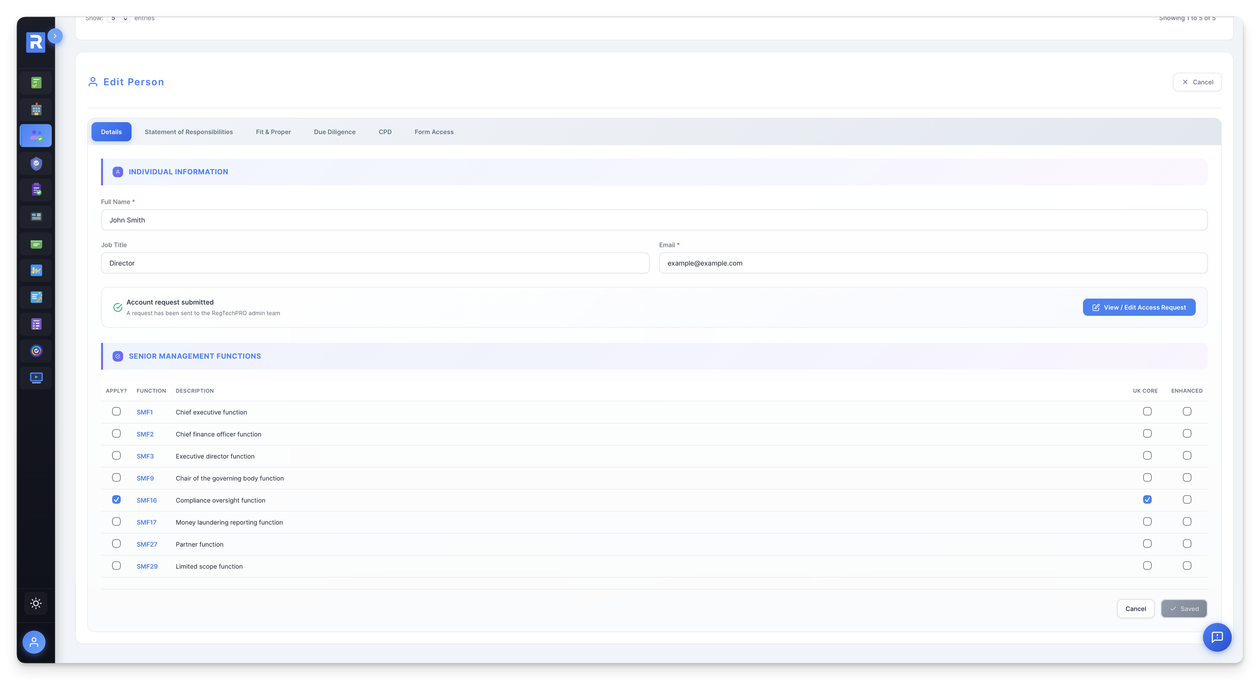 SMF record with Senior Management Functions register, UK Core / Enhanced columns, and Statement of Responsibilities sub-tabs