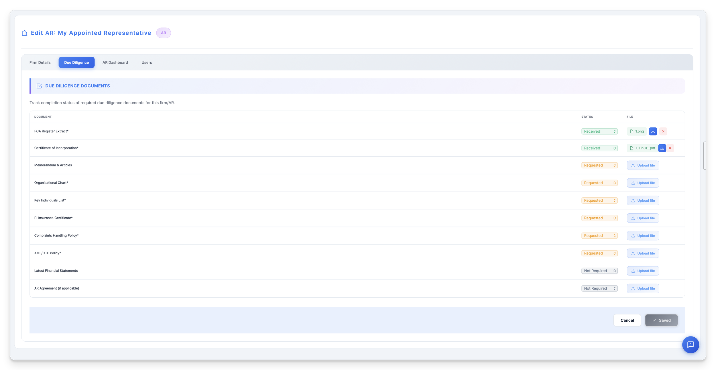 Due Diligence Documents: 10-document canonical SUP 12 pre-appointment checklist with status and file upload