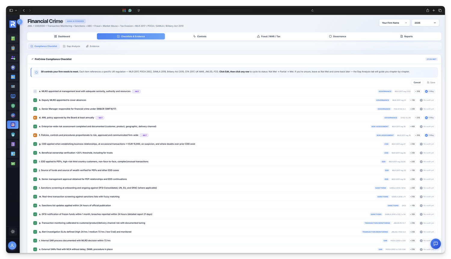 30-control regulator-minimum checklist with statutory mapping, audit trails and attestor names