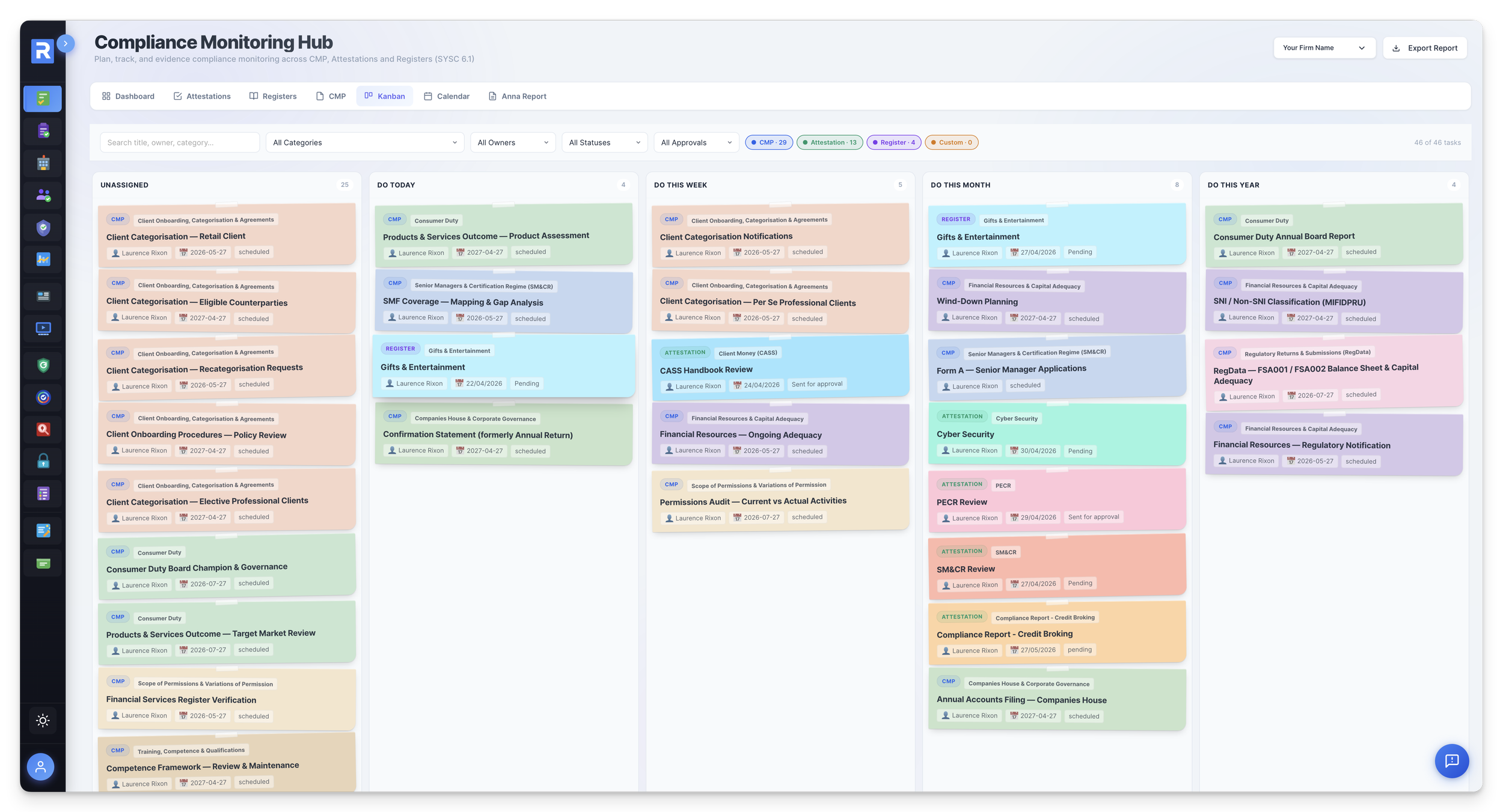 Kanban board — drag-drop board across all task types organised by status (Pending, Open, Sent for Approval, Closed)