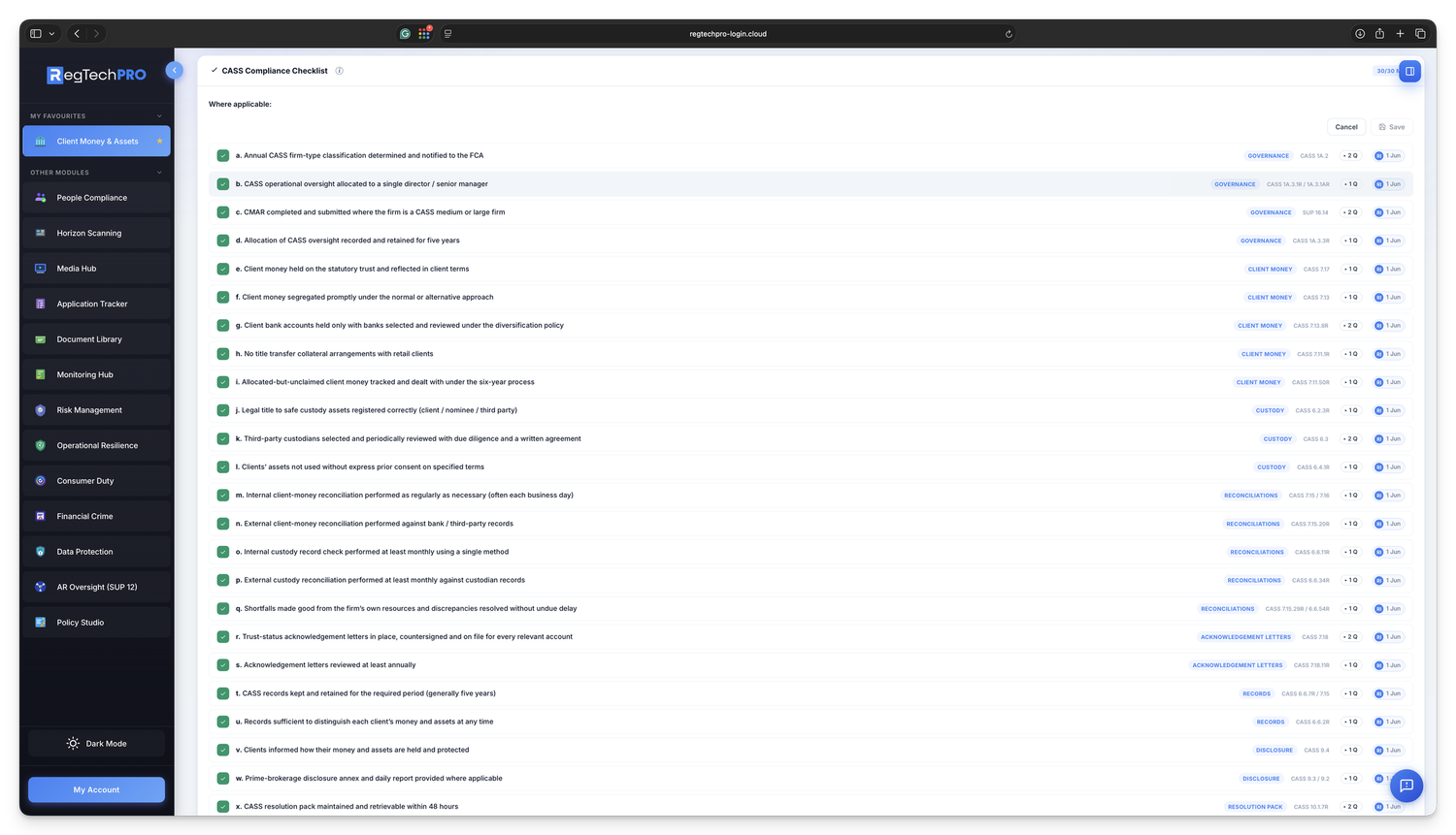 CASS compliance checklist &mdash; the FCA-minimum CASS controls across classification, client money, custody, reconciliations, acknowledgement letters, resolution pack, CASS audit and breaches, each set to Met, Partial or Not Met with evidence
