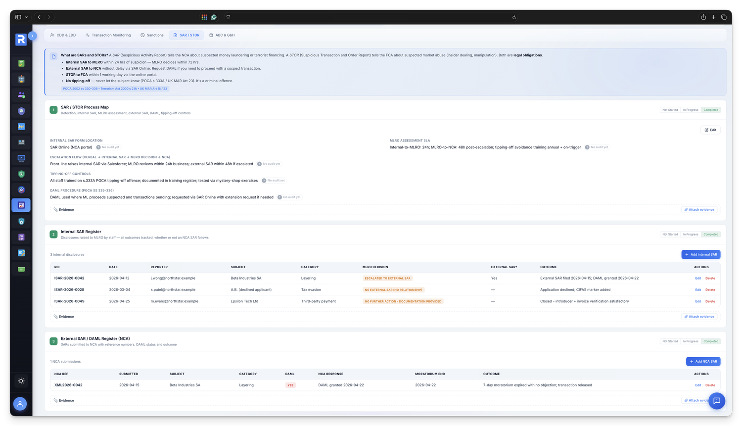 SAR and STOR log &mdash; SARs, DAMLs, STORs and tipping-off events in one view