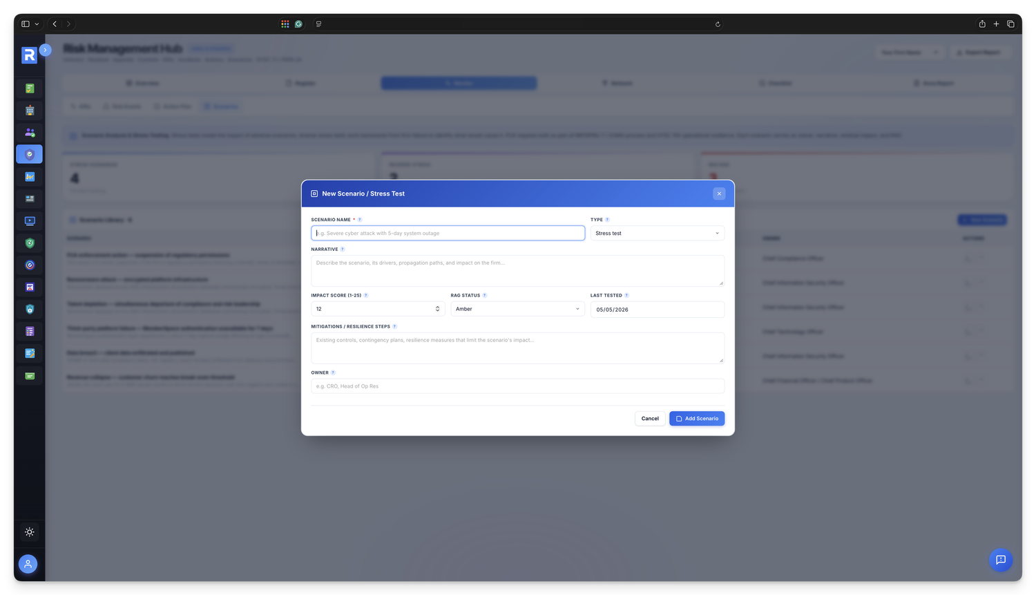 Risk Scenarios &mdash; scenario library and stress-test workbench