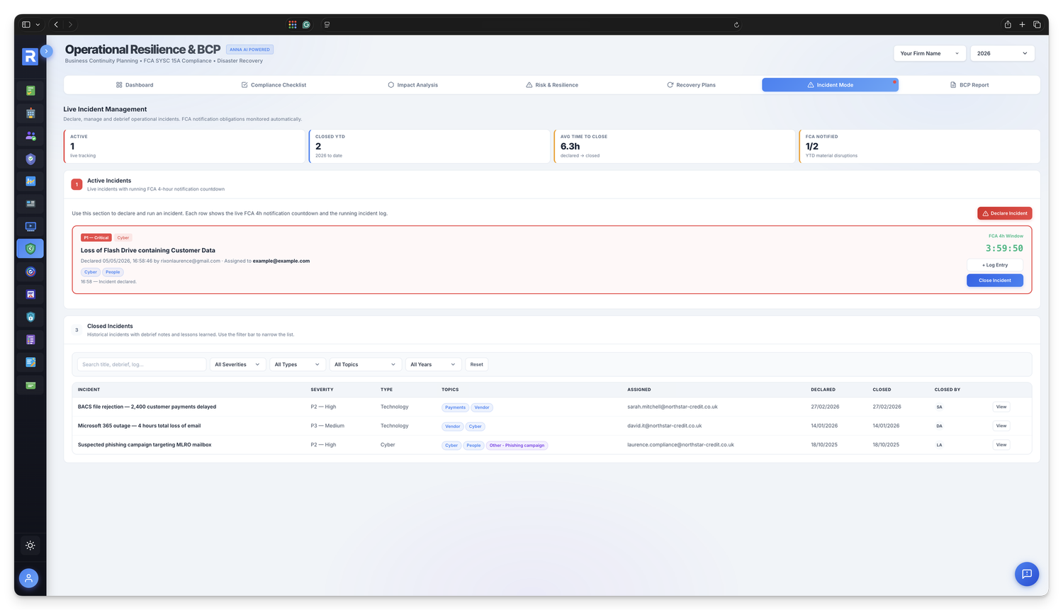 Live Incident Mode &mdash; FCA 4-hour countdown, 20-step runbook and named-owner accountability