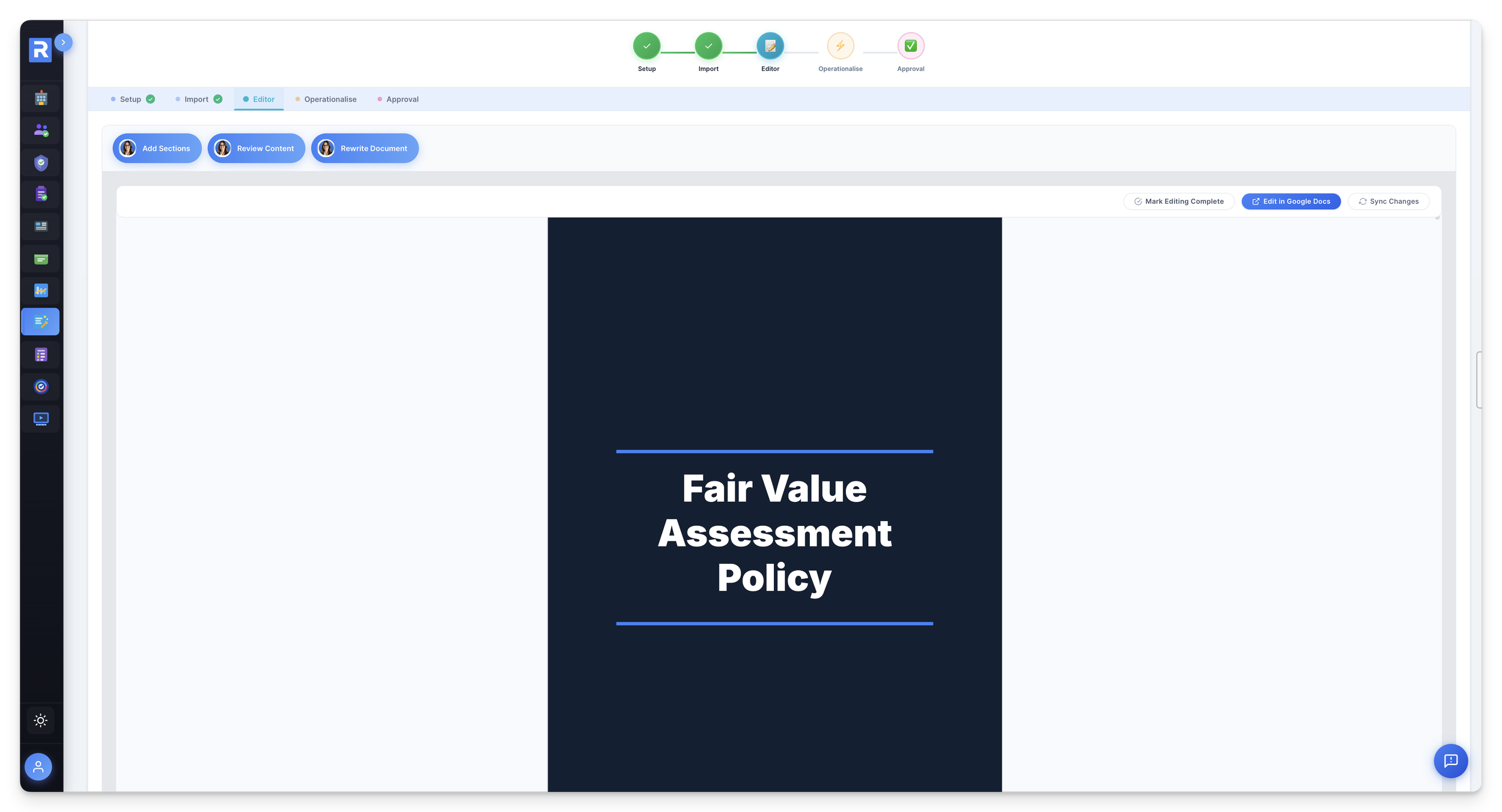 Anna Editor — three AI actions: Add Sections, Review Content, Rewrite Document