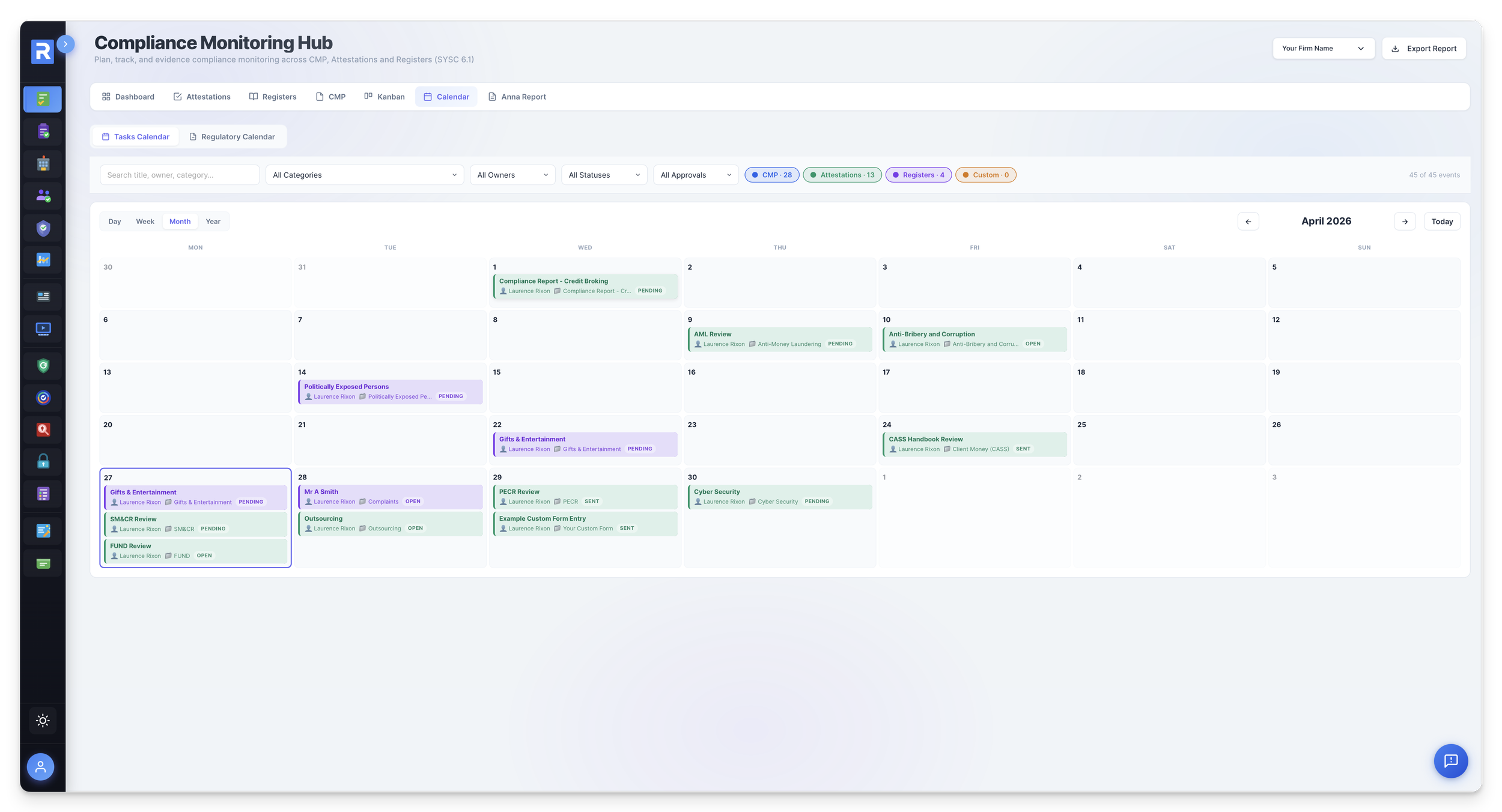 Compliance Monitoring Hub task calendar and kanban view &mdash; scheduled compliance tasks across the firm