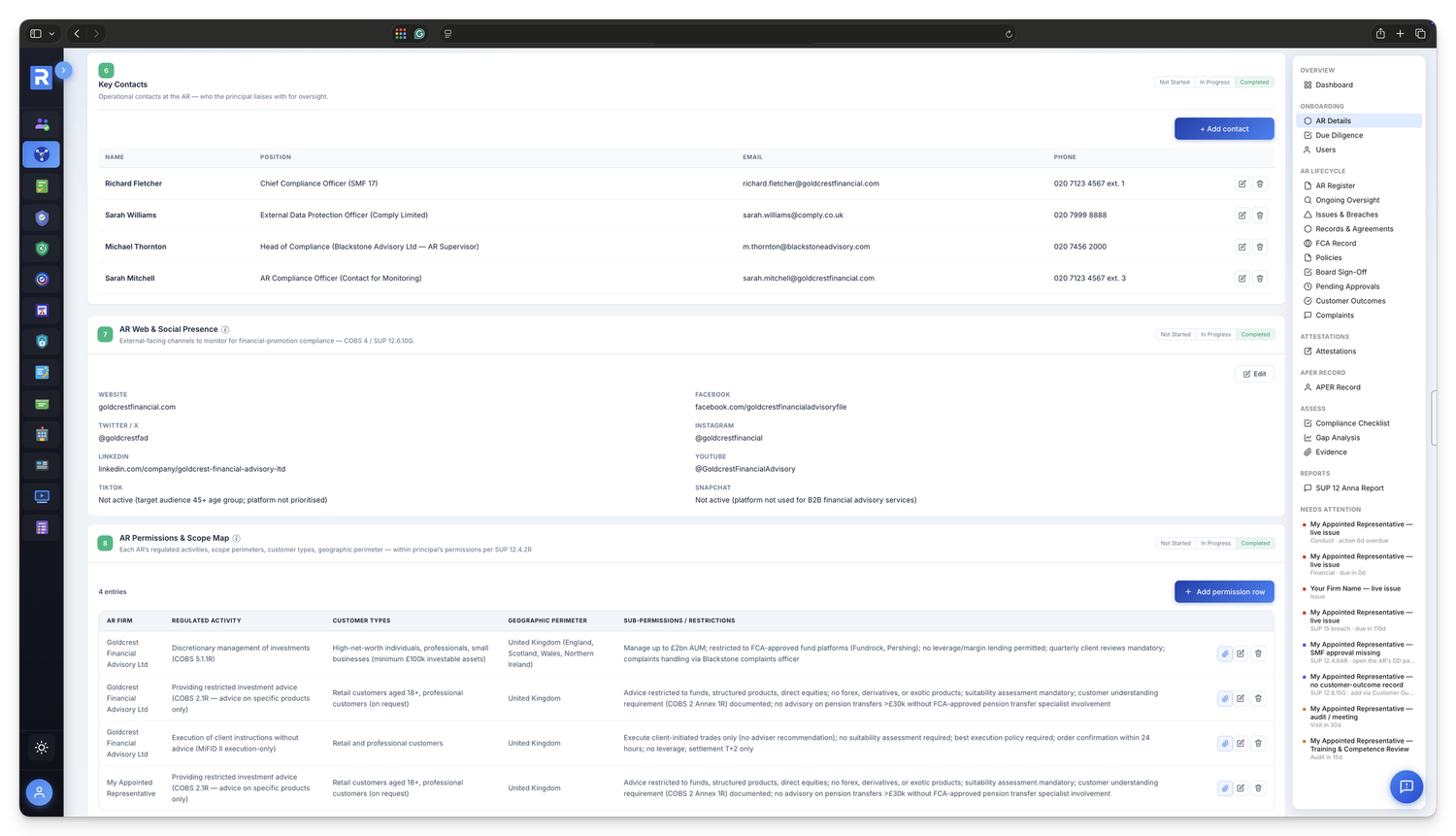 AR onboarding &mdash; appointment details, contact information, regulated activities and permissions & scope map