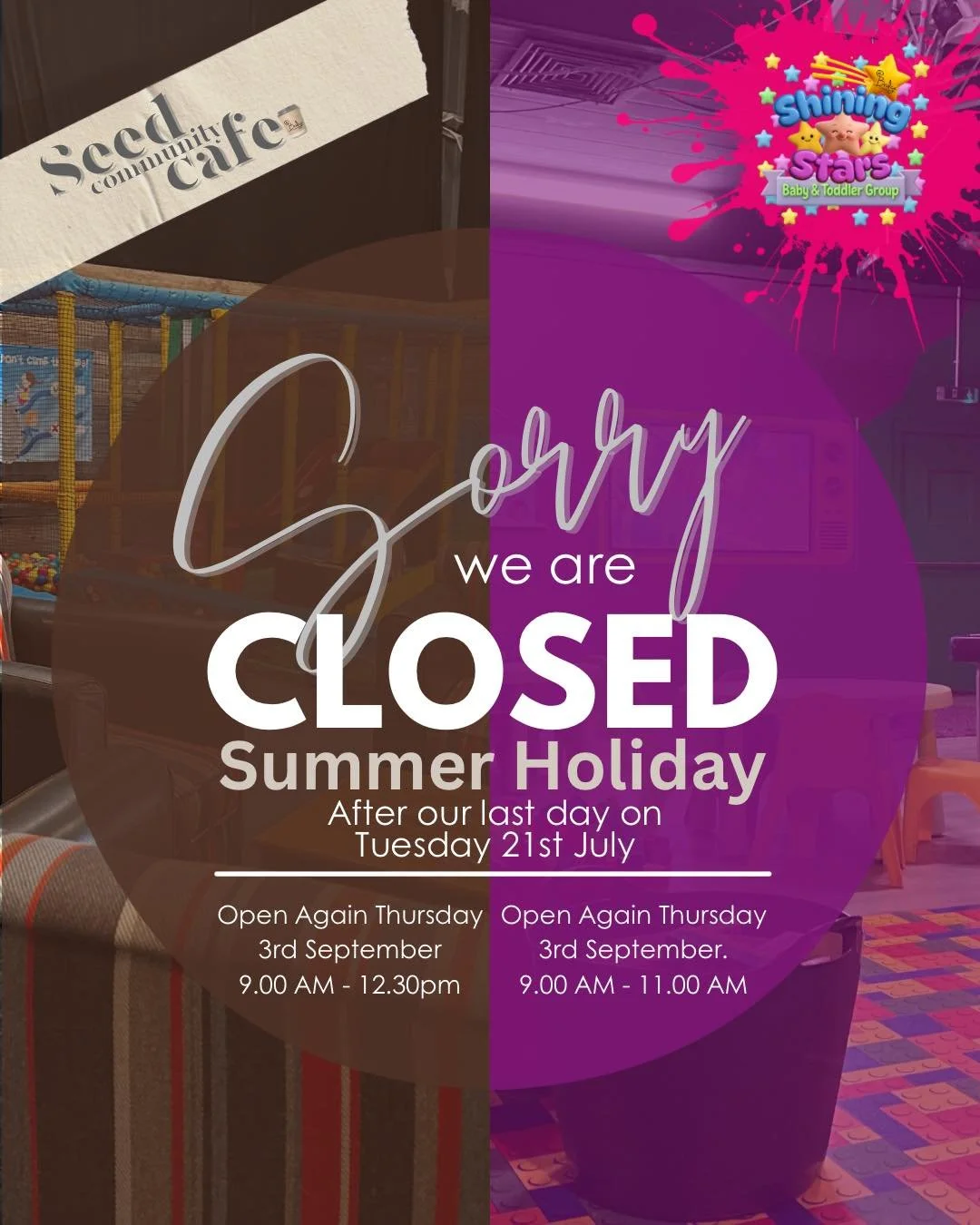 We are going on summer holiday.

To give our fantastic volunteers a good rest we are closing Seed until September while you all enjoy the sunshine.

We will be open Monday and Tuesday this week then closed until the 3rd of September.
