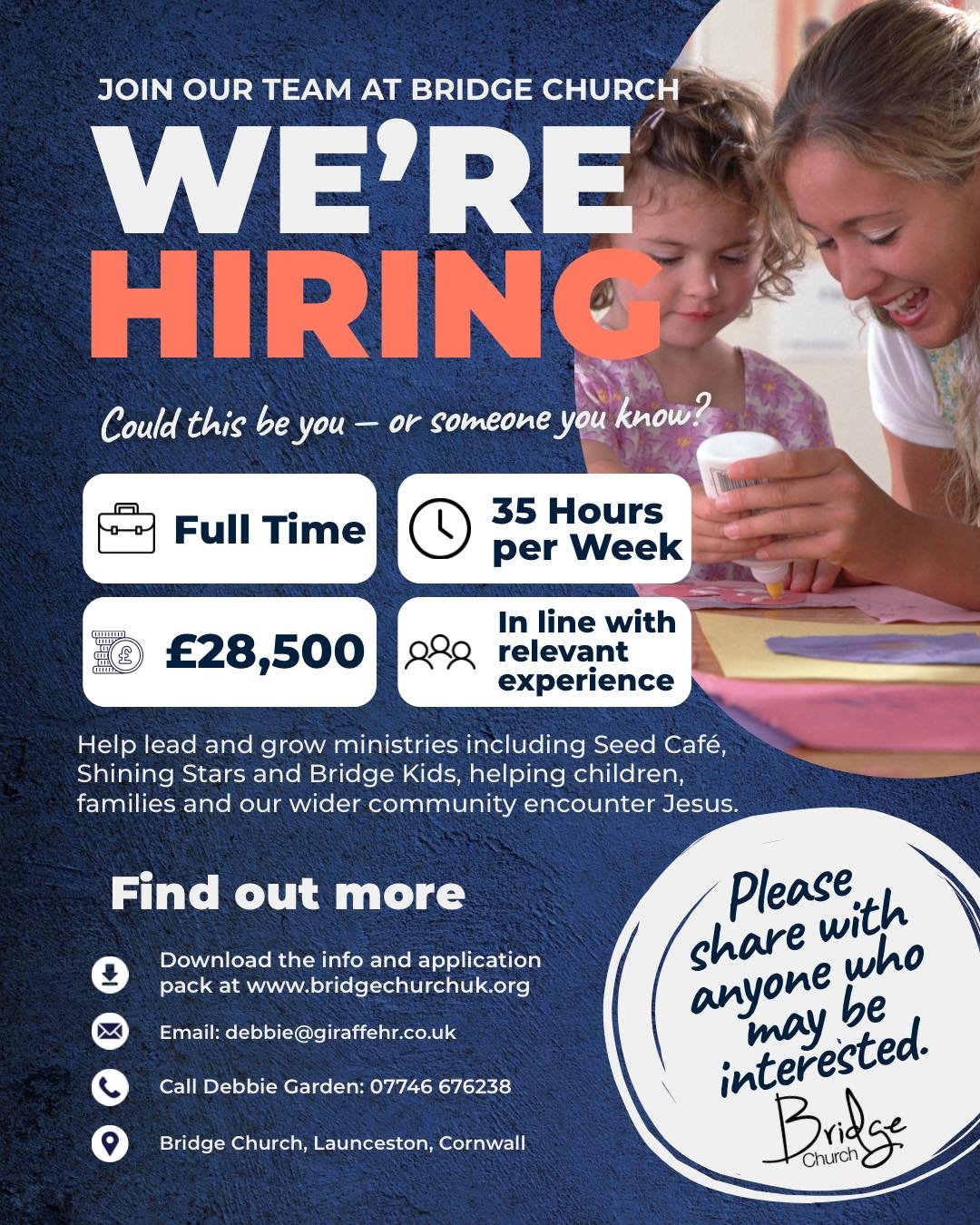 Could this be you &mdash; or someone you know? 👀

We&rsquo;re looking for someone to join the team at Bridge Church, Launceston, with a real heart for Jesus, children, families and our wider community. ❤️

This is a fantastic opportunity to help lea