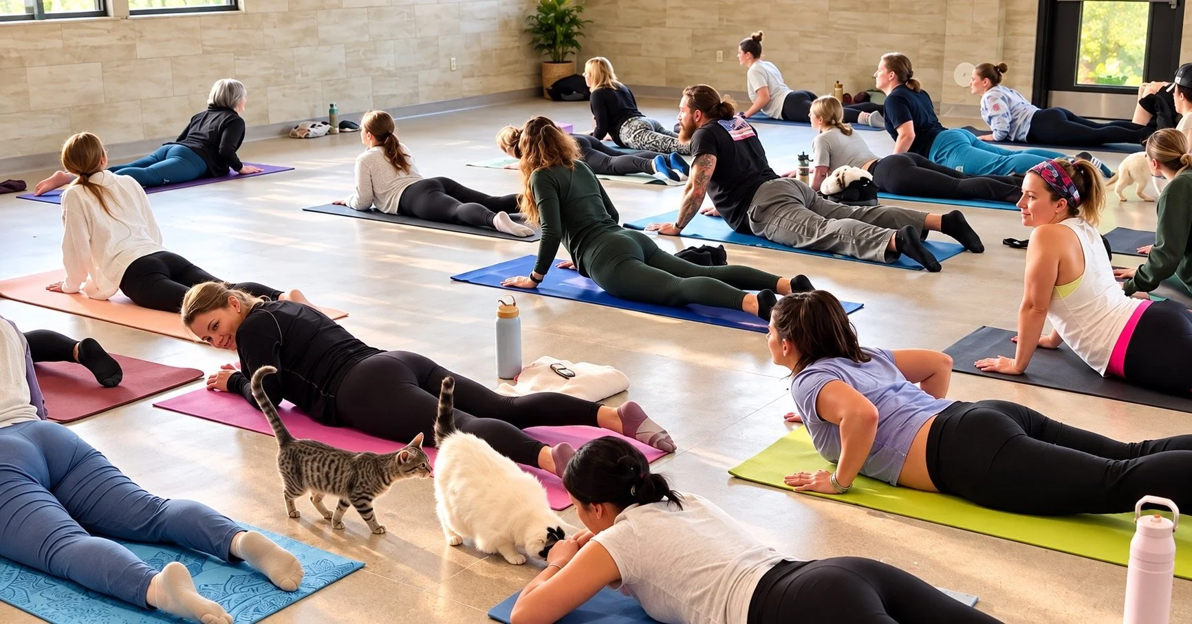 People participating in a yoga class in a spacious studio with large windows, accompanied by cats and a dog.