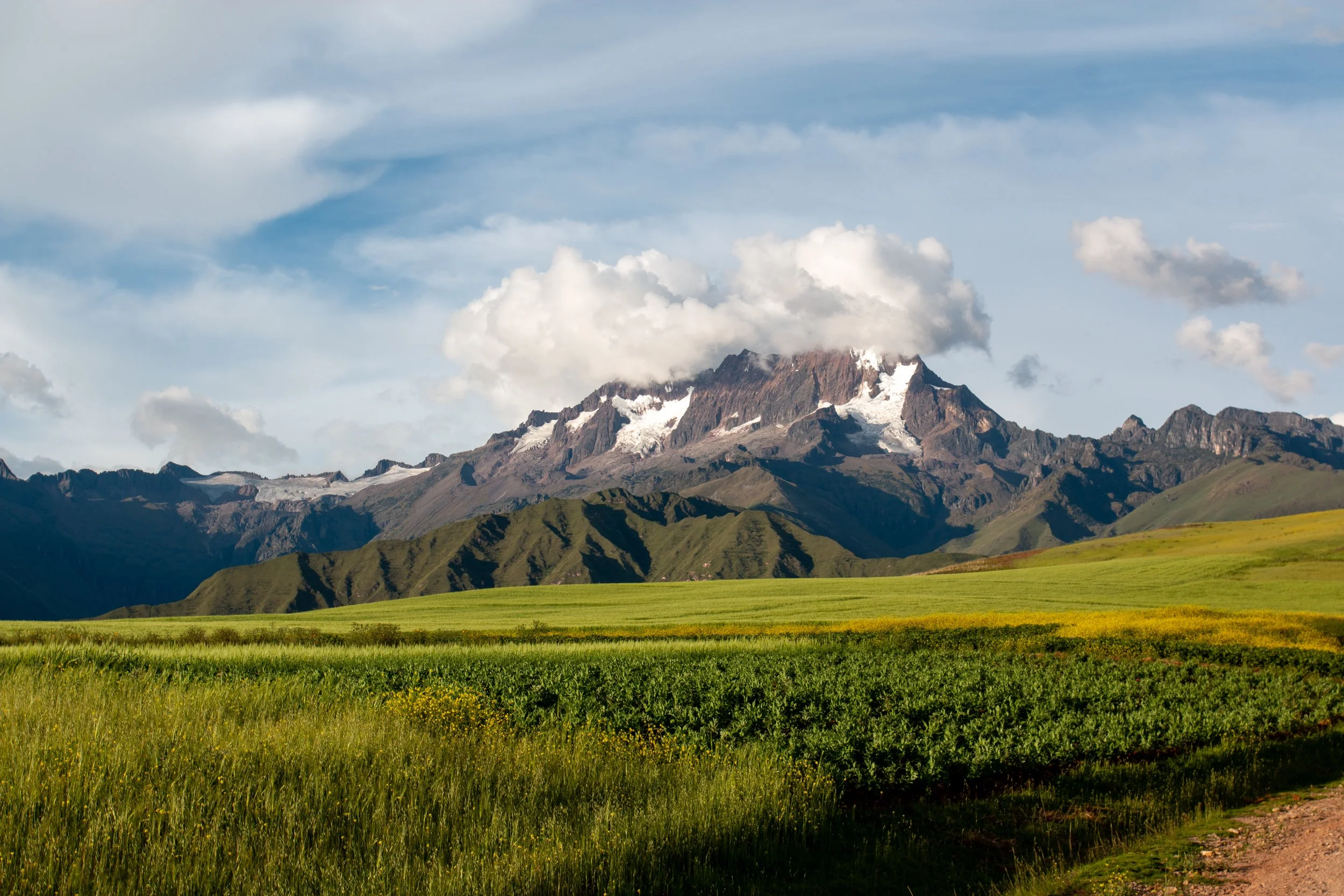 Snow-capped Andes above a bright green valley floor, dramatic clouds overhead