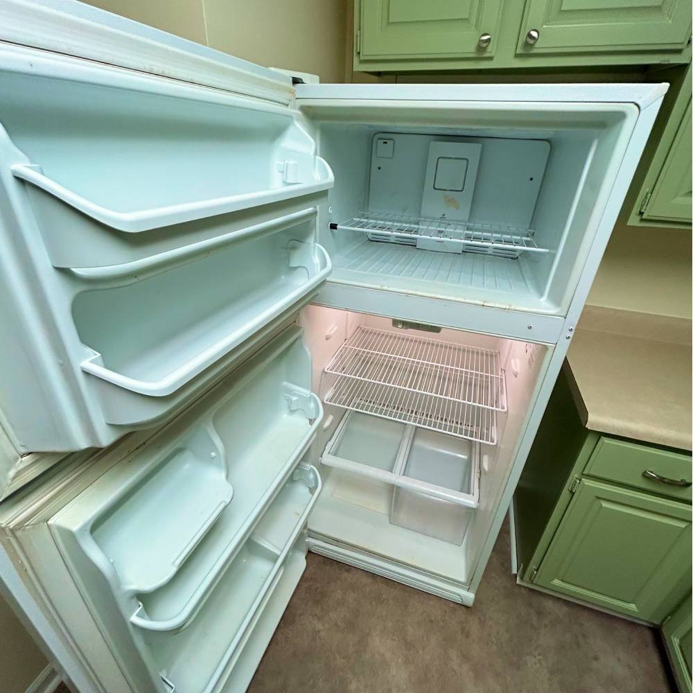Open, empty fridge with pristine interior