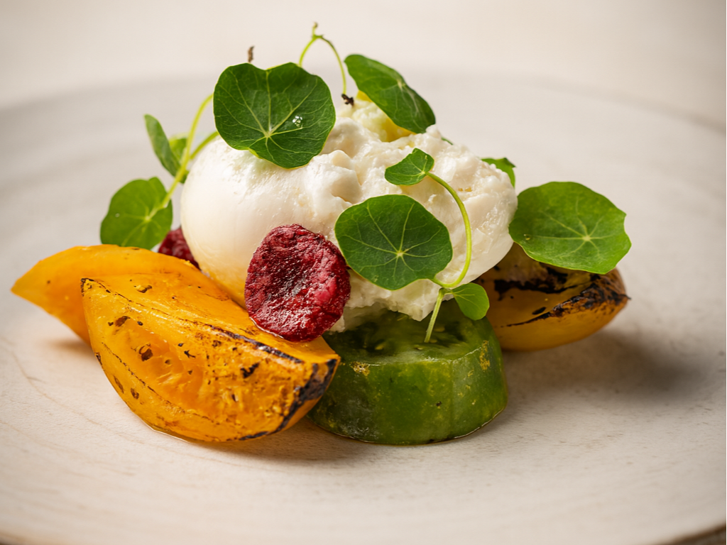Tomato and burrata with herb garnish