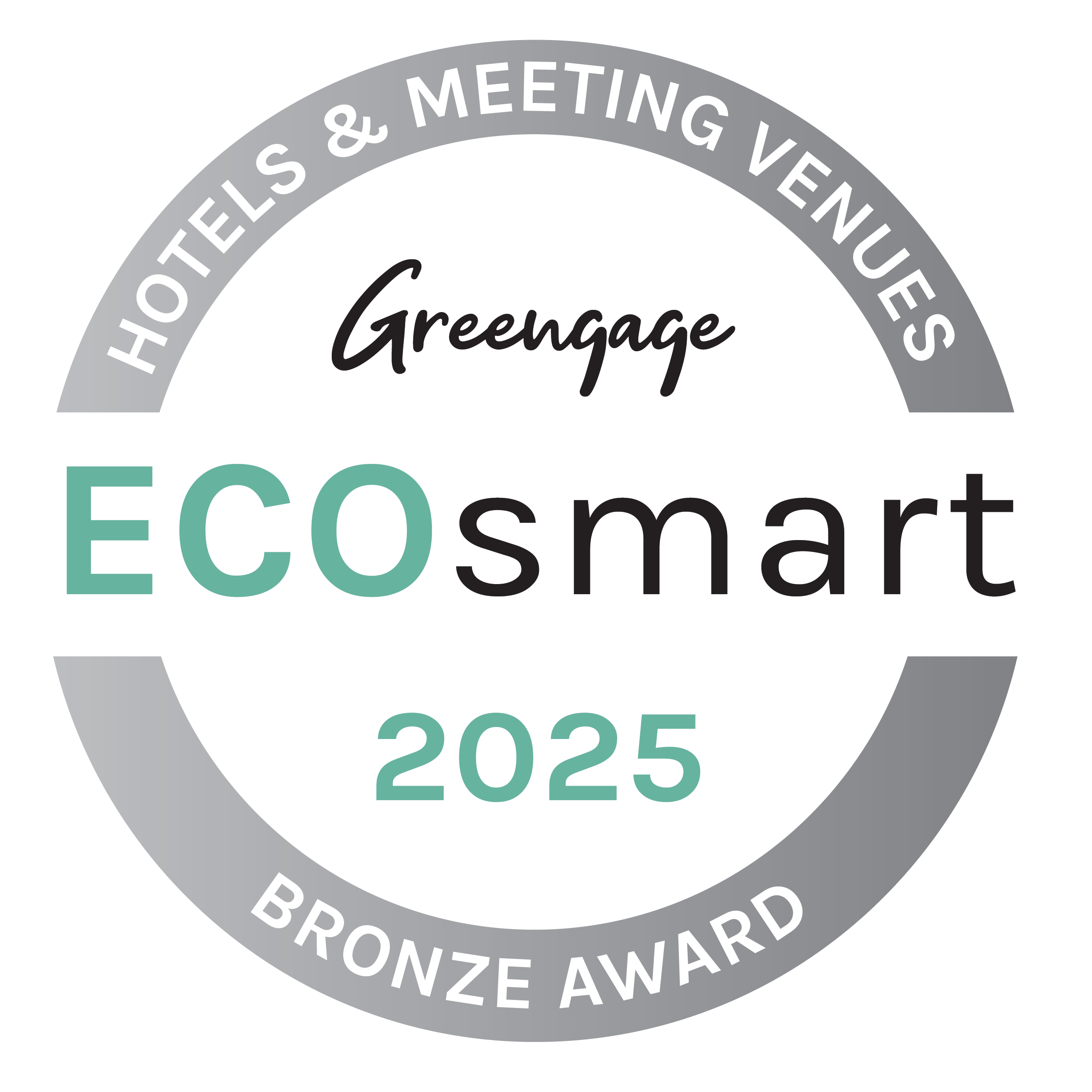 A circular badge with a gray border and white background, featuring text that reads 'Hotels & Meeting Venues' at the top, 'Greengage' at the center, 'ECOsmart' below it, and '2025' with a 'Bronze Award' label at the bottom.