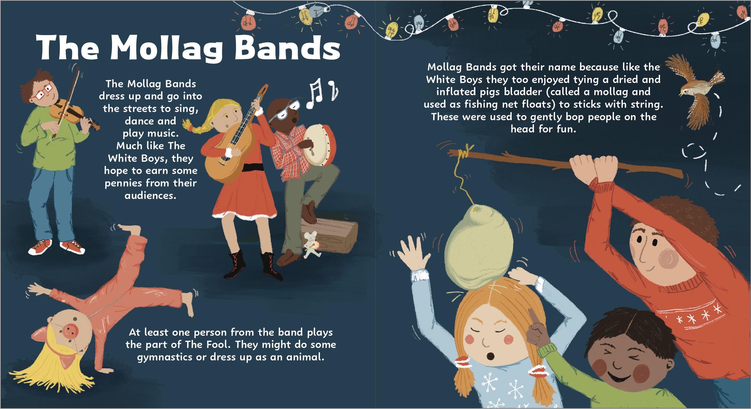 Illustration of children dressed in costumes and playing musical instruments, with a string of colorful holiday lights overhead. The scene is festive, with children engaging in dress-up, singing, dancing, and playing music, representing the Mollag Bands.
