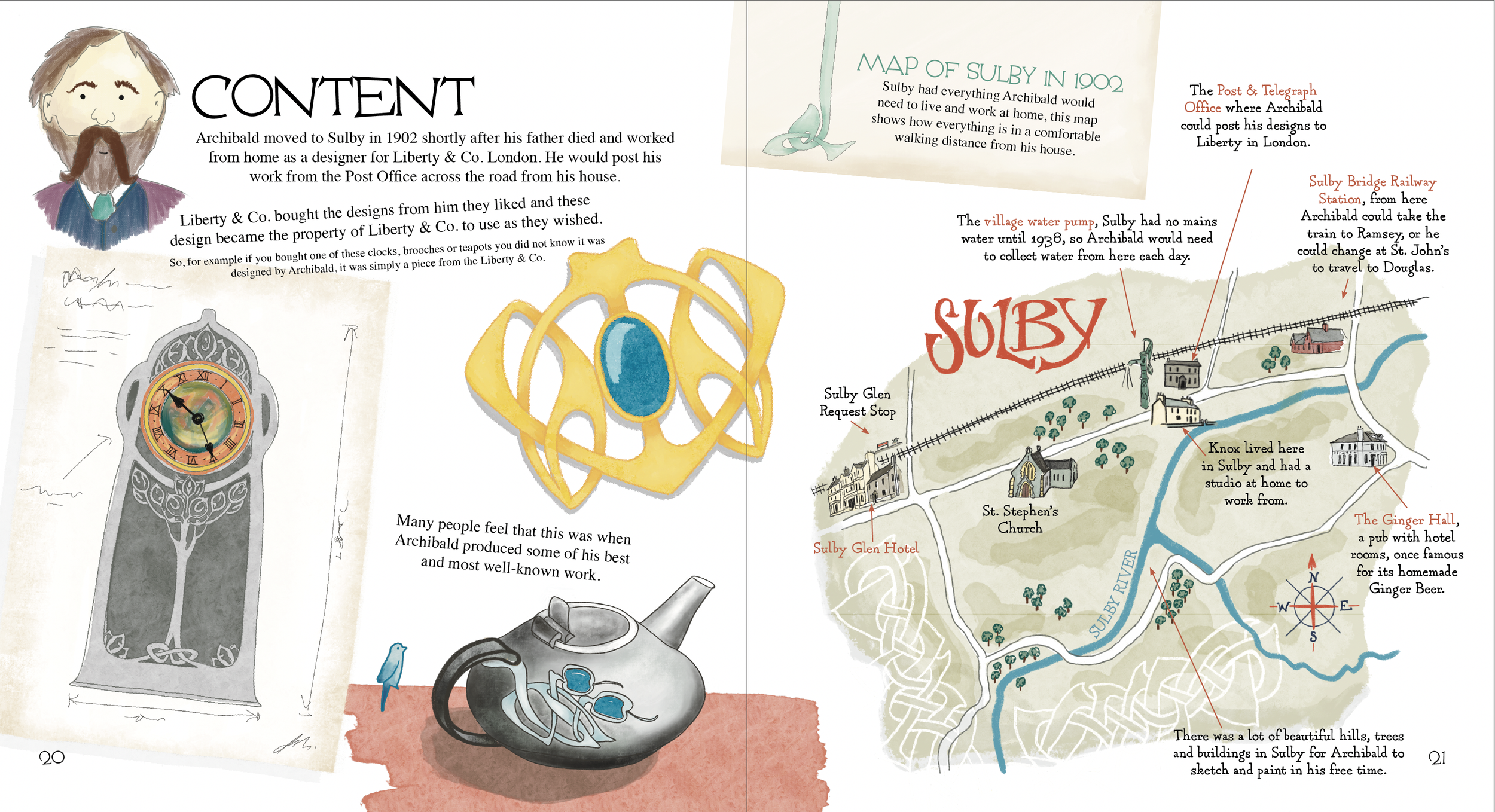 A map of Sulby in 1902 with drawings of local landmarks, a portrait of Archibald, a clock, and jewelry, alongside text describing the history of Sulby and Archibald's work.