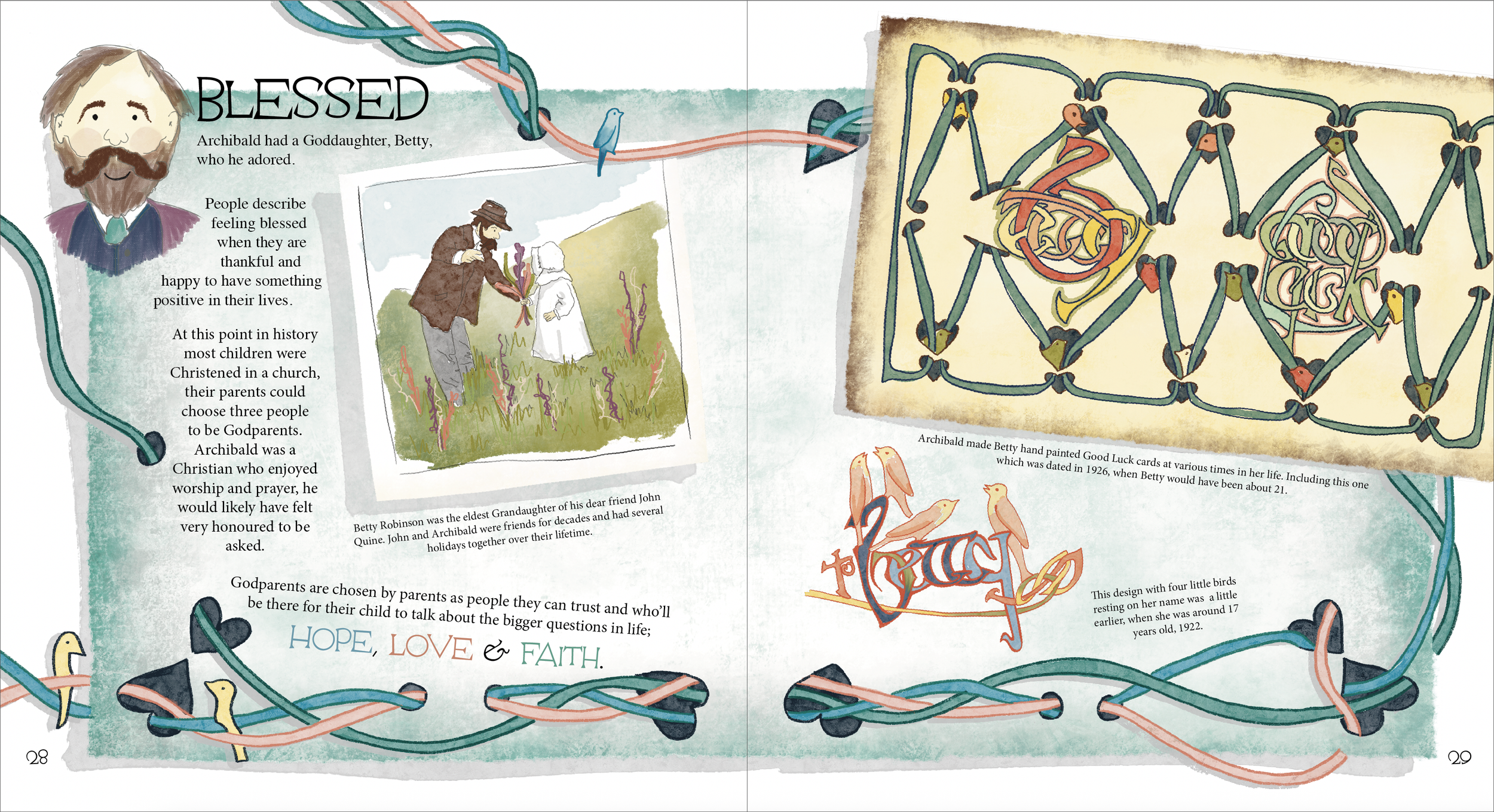Book spread with illustrations and text about Archibald's daughter Betty, her hand-painted Good Luck cards, and the significance of godparents, including a drawing of a man giving flowers to a girl and images of painted cards with decorative birds and swirls.