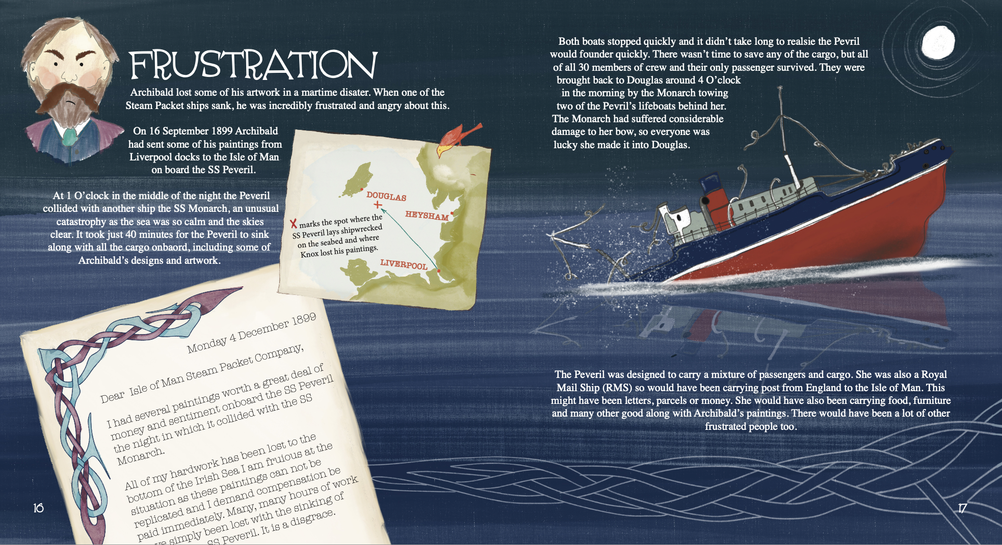 Illustration of a maritime disaster involving the SS Peveril ship sinking after a collision with the SS Monarch during the night, with a map showing locations of Douglas, Heysham, and Liverpool, a letter describing the event, and a boat depicted in rough seas with the moon overhead.