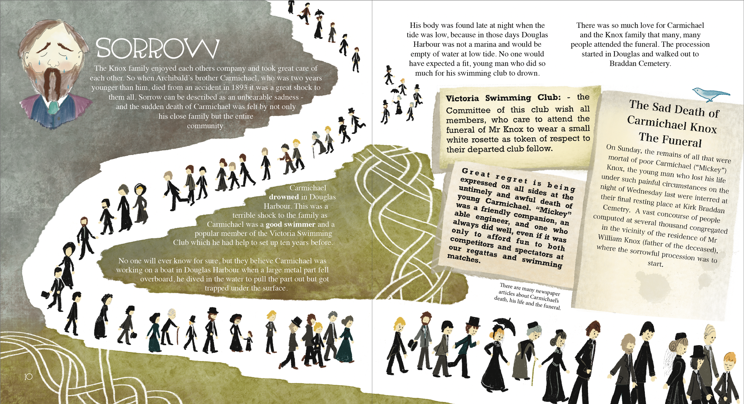 Portfolio Image - Historical text about Archibald Knox dealing with Sorrow in his life, incorporating Celtic Knotwork and an illustrated funeral procession