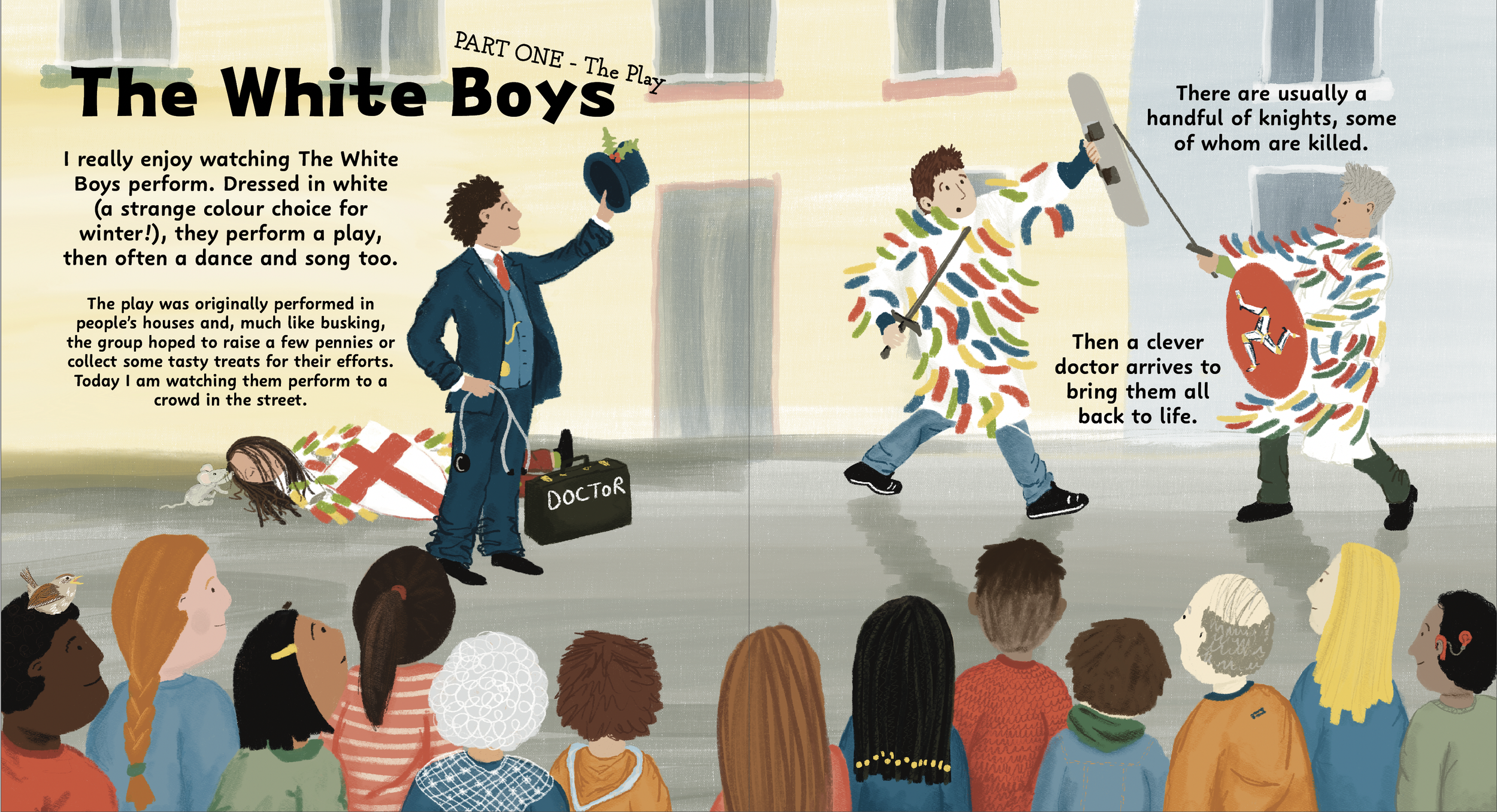 Illustration of children watching a play called 'The White Boys' in a street, with actors dressed in colorful, harlequin-style costumes and props like shield and sword, performing superhero-like roles as part of a theatrical play.