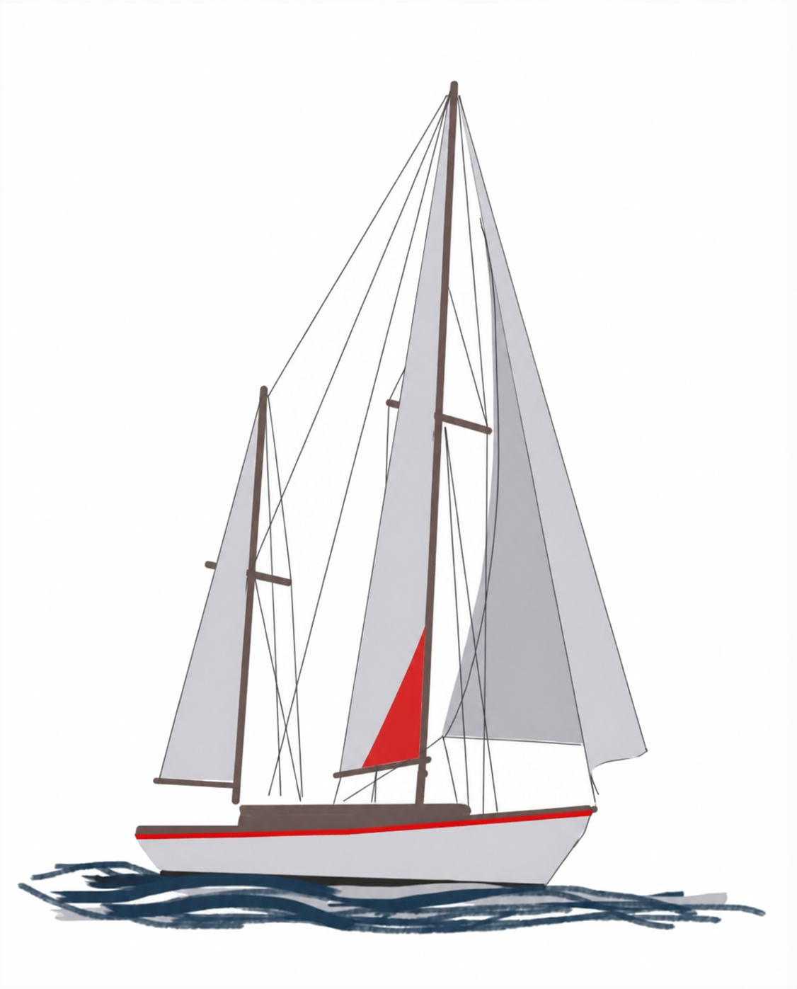 Voilier Ketchway avec une fine bande de coque et un petit panneau de voile rouge Fayolle