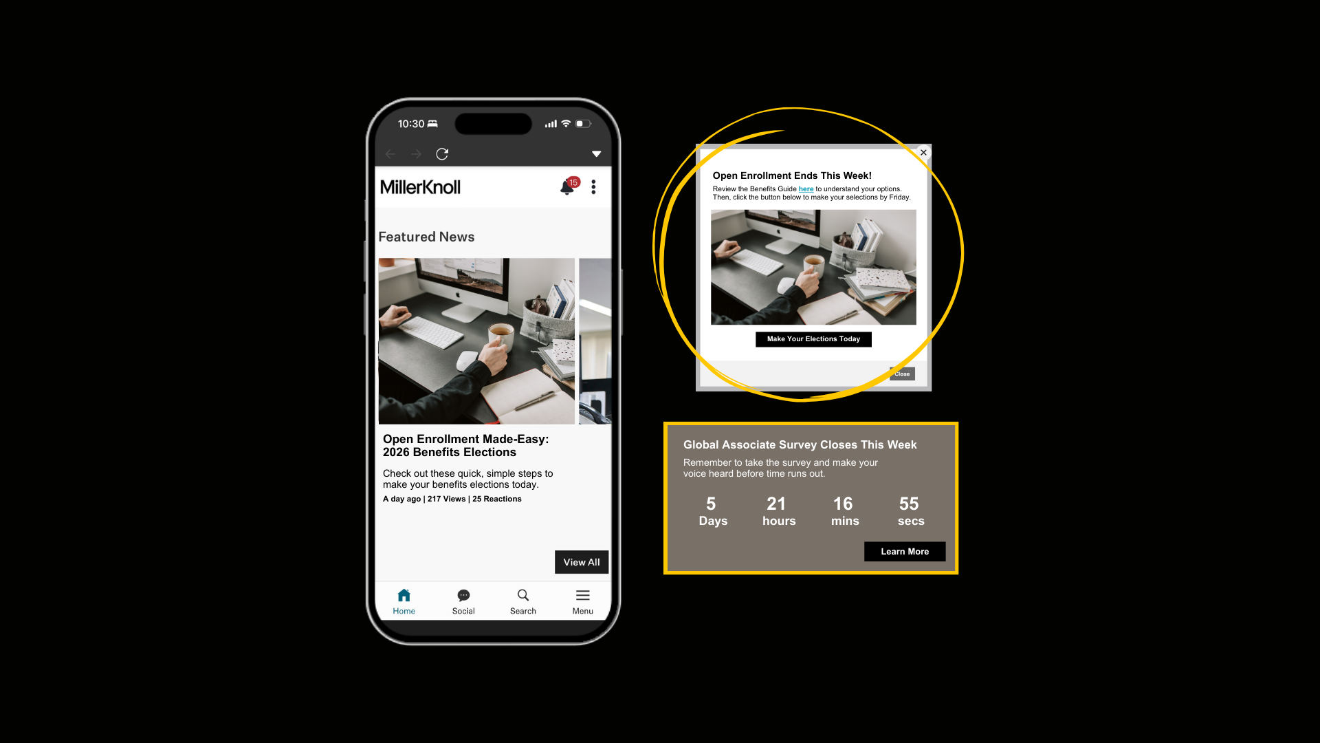 Screenshots of mobile intranet, pop up banner and count down feature