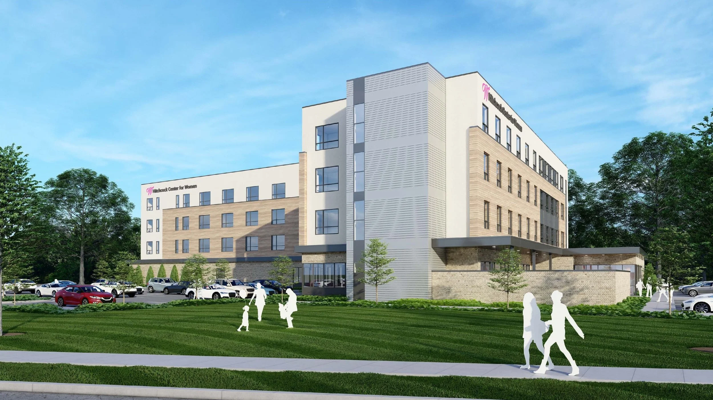 This rendering of the Hitchcock Center for Women shows the intentional landscape design out front where women and families can spend time together. The building seen behind is neutral stone and metal.