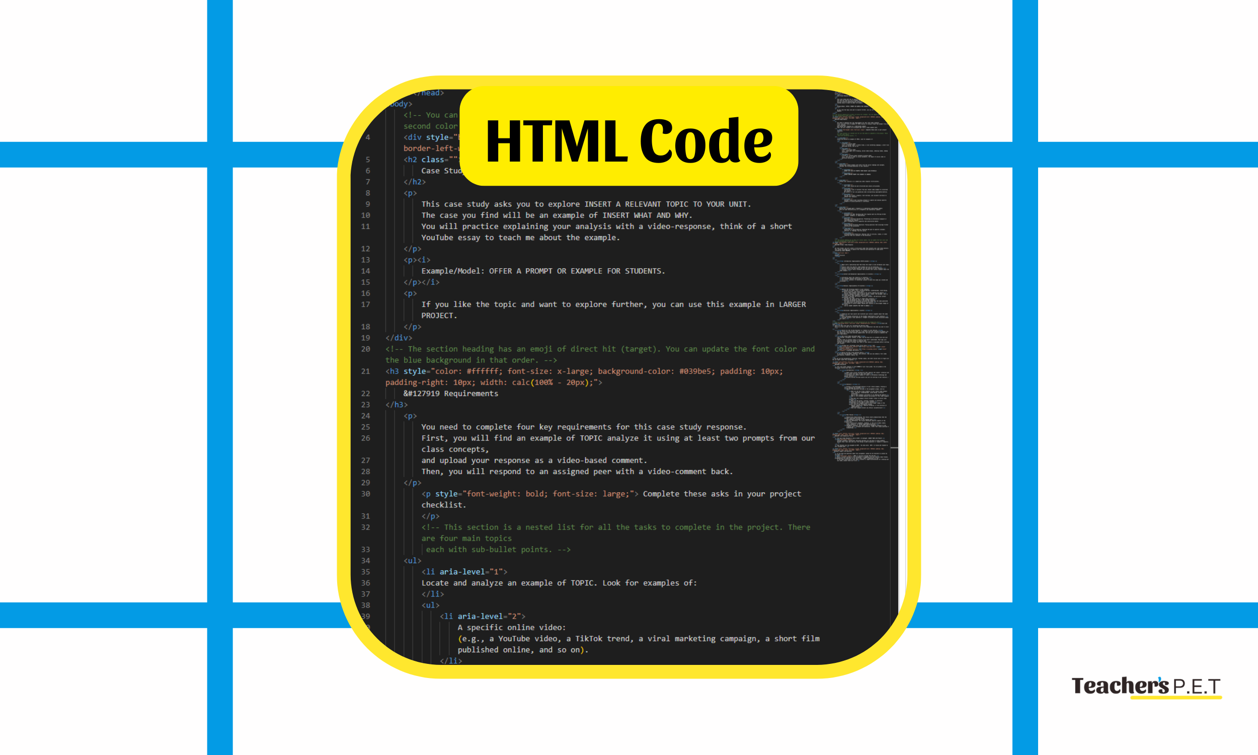 Preview of the HTML code for Canvas that has a predesigned assignment page of a video analysis project.