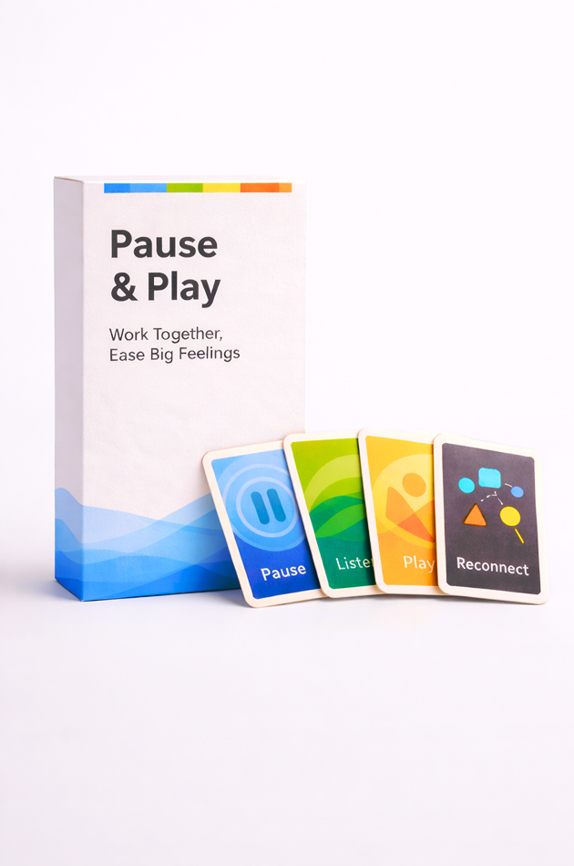 Cards with icons and words like Pause, Listen, Play, Reconnect next to a box labeled 'Pause & Play.'