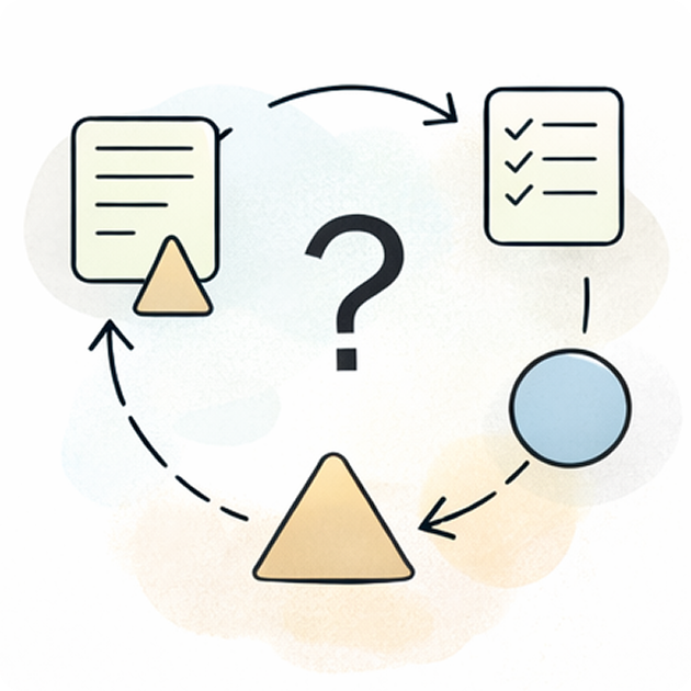 Diagram showing a cycle with various shapes and checklists, connected by arrows, centered around a question mark.