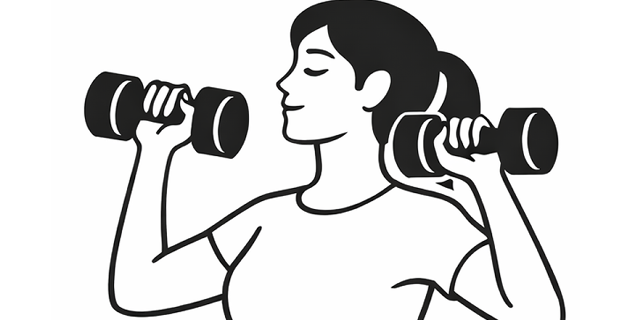Silhouette of a woman lifting dumbbells in both hands, smiling with eyes closed.